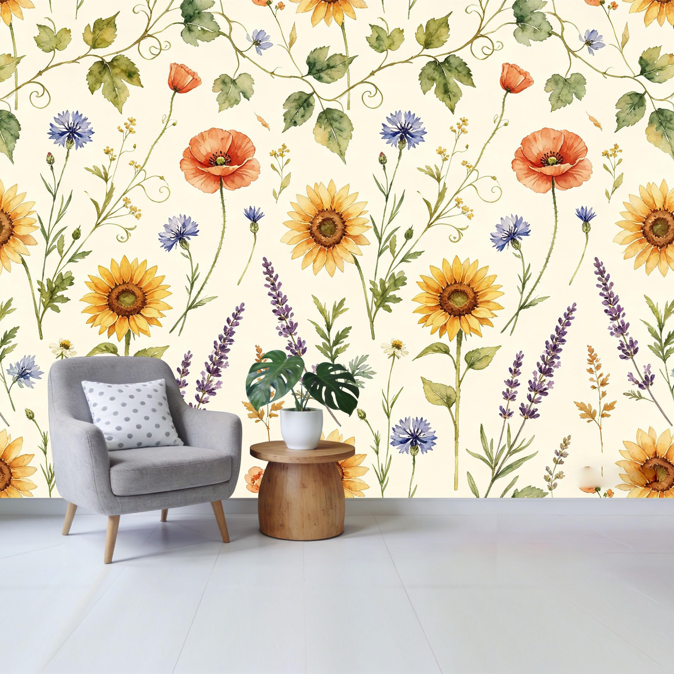 Qzlithotic Yq2605250088 Custom Size Wall Mural Watercolor Sunflower Lavender Field Floral Botanical Pattern Selfadhesive Wall Fabric Removable Wallpaper For Home Office Decor