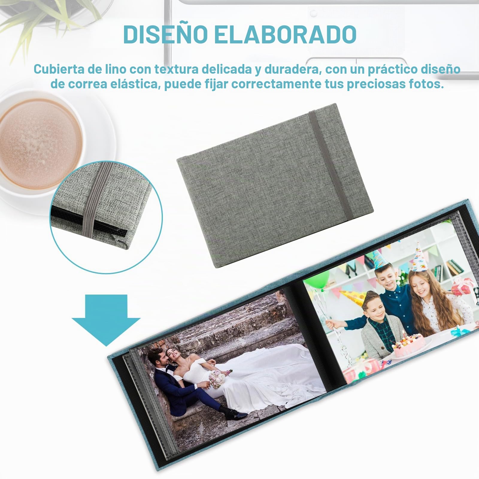 Álbum de Fotos 10x15 Set de 2 - Photo Album 6" / A6 / 4R, para 200 Fotos, Cubierta de Lino, Banda Elástica, Páginas Negras, Ideal para Viajes, Aniversarios, Cumpleaños y Fotos de Boda