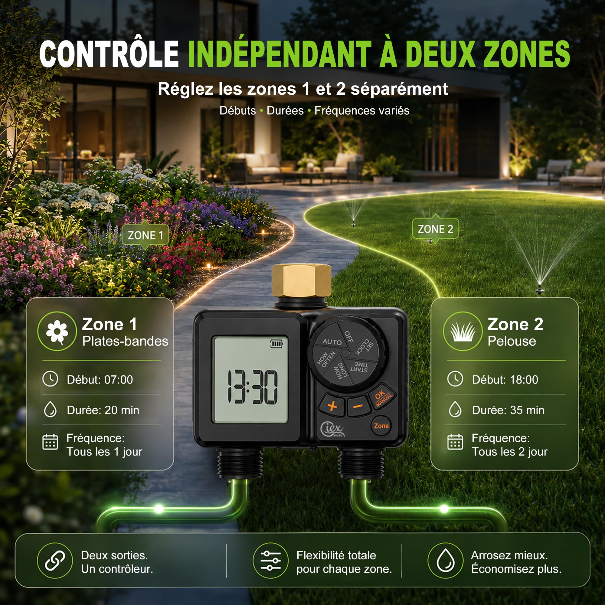 GIEX Ordinateur d'arrosage 2 voies, minuterie d'arrosage rechargeable 2 zones avec connecteur en laiton, minuterie d'eau programmable avec IP66, retard de pluie et irrigation manuelle pour jardin