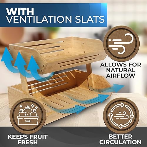 Miniatura 7 de Cesta de frutas de bambú de 2 niveles para encimera de cocina con ganchos para colgar plátanos, soporte de fruta de madera para encimera de cocina,