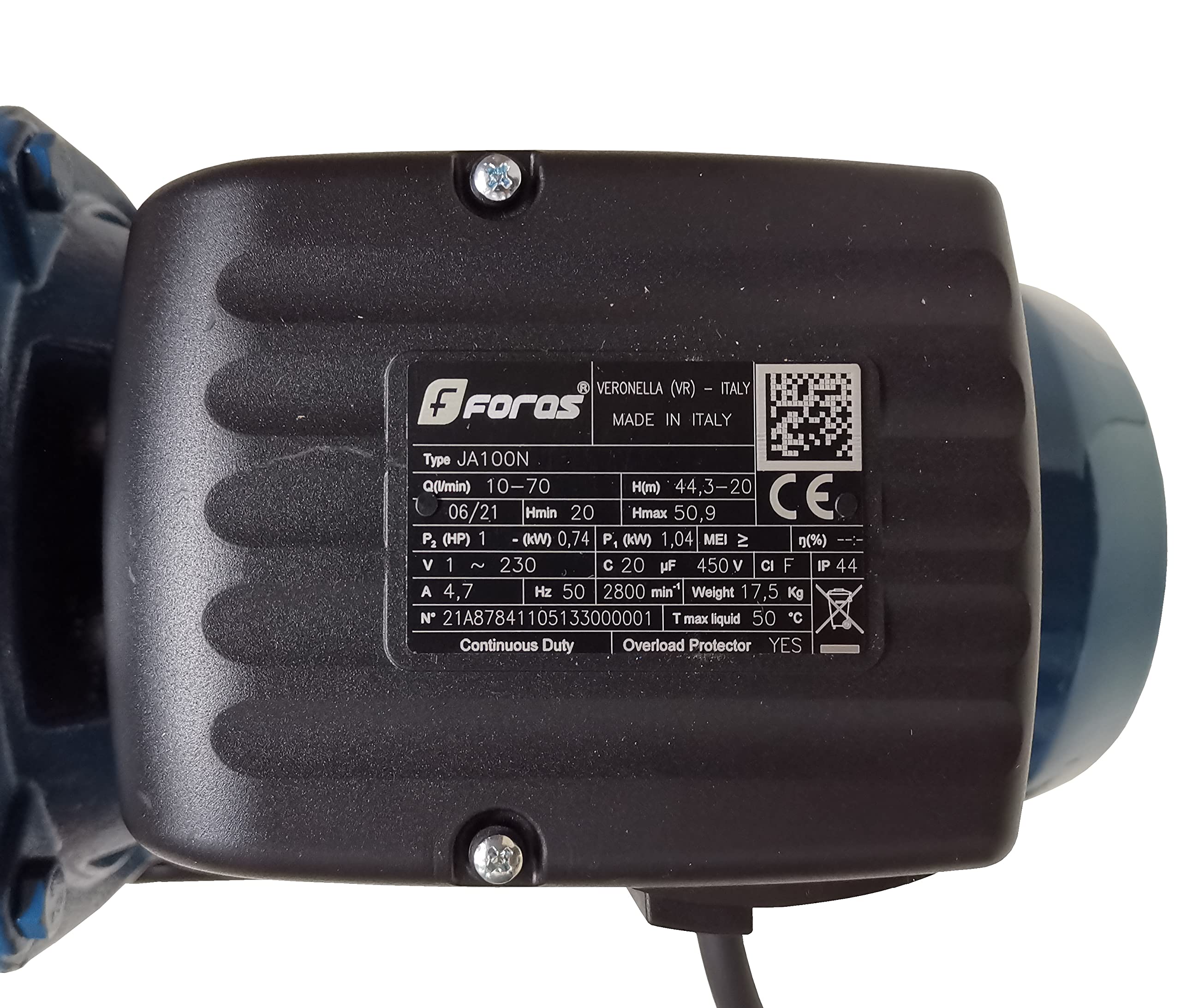 FORAS JA100N Pompe centrifuge électrique auto-amorçante, fabriquée en Italie, fonctionnement continu, 230 V, 1,0 kW, max. 70 l/min, 51–20 m