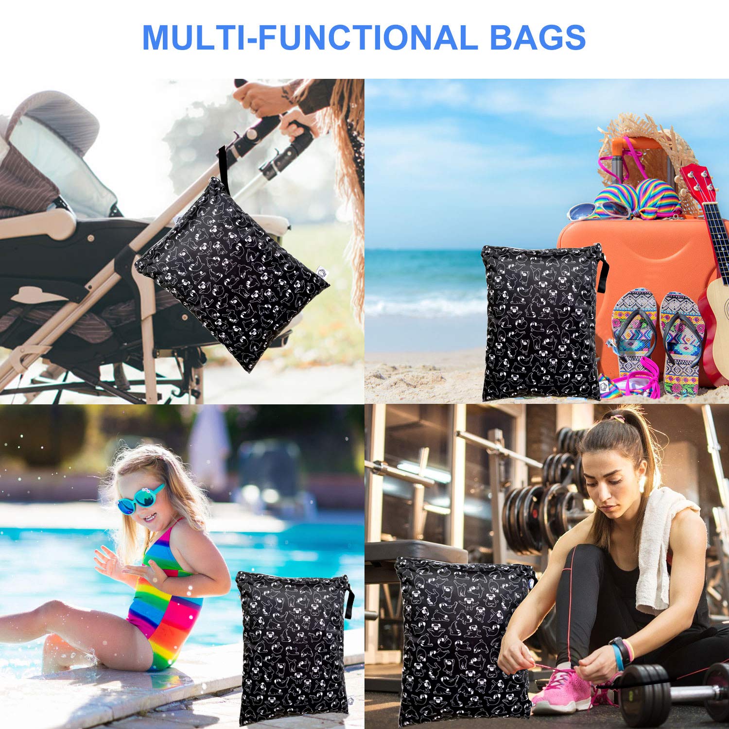 Bolsa de pañales lavable y reutilizable, resistente al agua, bolsa de natación, bolsa de yoga, gimnasio, 12.6 x 16.5 pulgadas, Perros de yoga negros, 16.5x12.6 Inch (Pack of 1), Bolsa