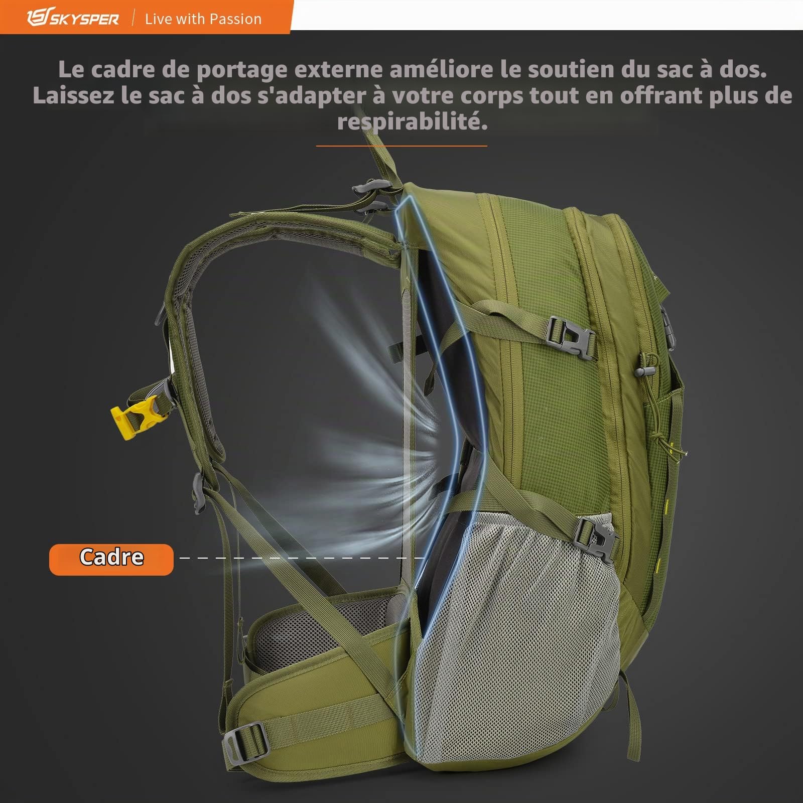 SKYSPER Sac à dos de randonnée 30L Sac à dos de trekking | avec housse de pluie, ventilation du dos, dos en mesh, ceinture ventrale Daypack pour excursions outdoor, randonnée