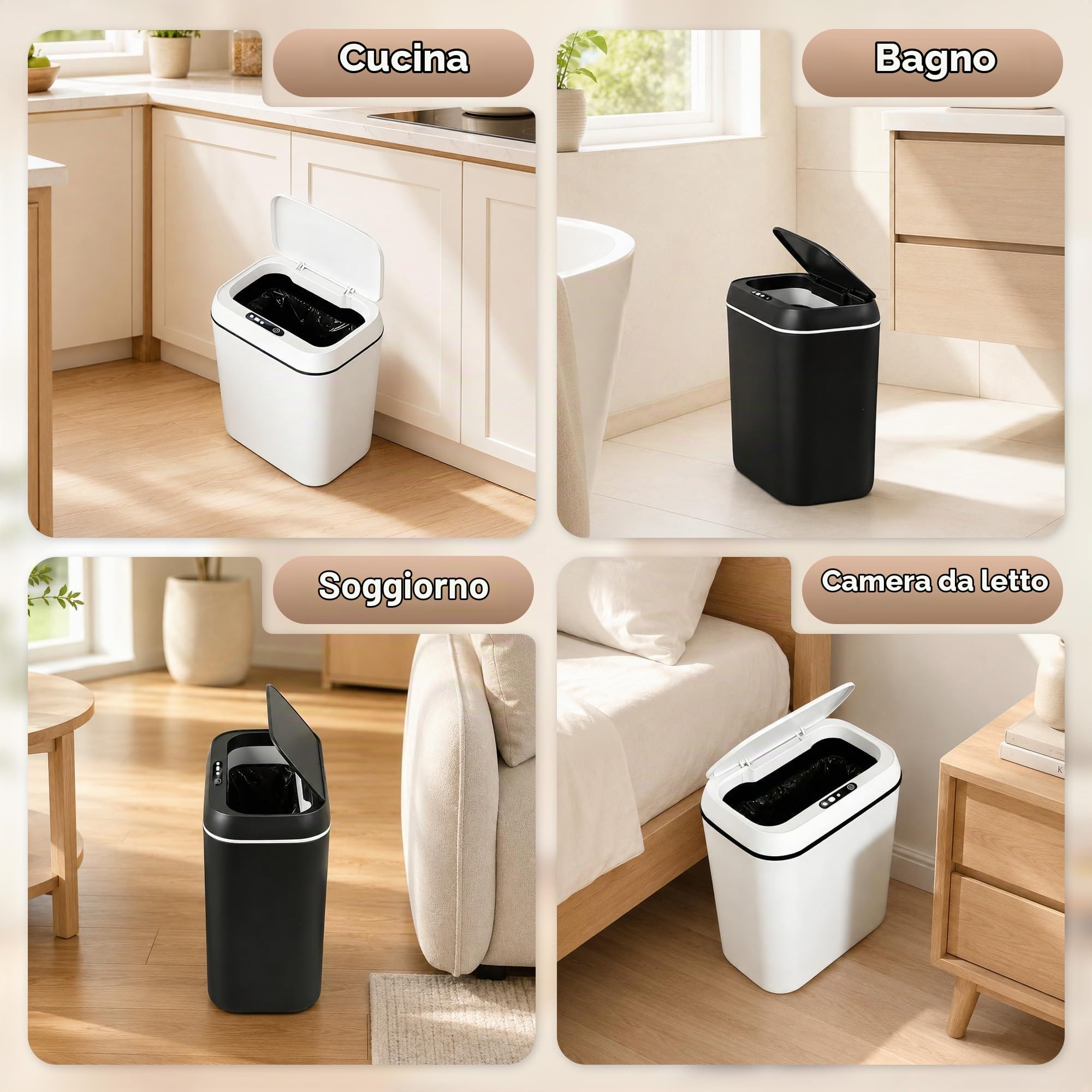 Set di 2 Pattumiere con Sensore, 15L, Pattumiera Automatica con Coperchio, Sensore di Movimento Intelligente, Silenziosa, Impermeabile, per Ufficio, Camera da Letto, Cucina