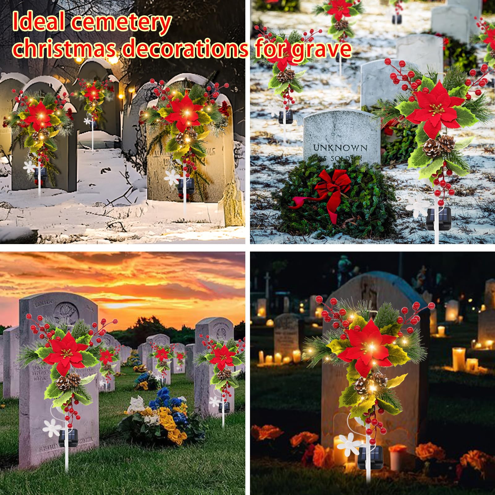 Lot de 4 décorations de Noël solaires d'extérieur – 81,3 cm – Lumières solaires sur piquet en forme de croix – Décorations de tombe étanches avec poinsettia, pommes de pin, baies rouges pour jardin,