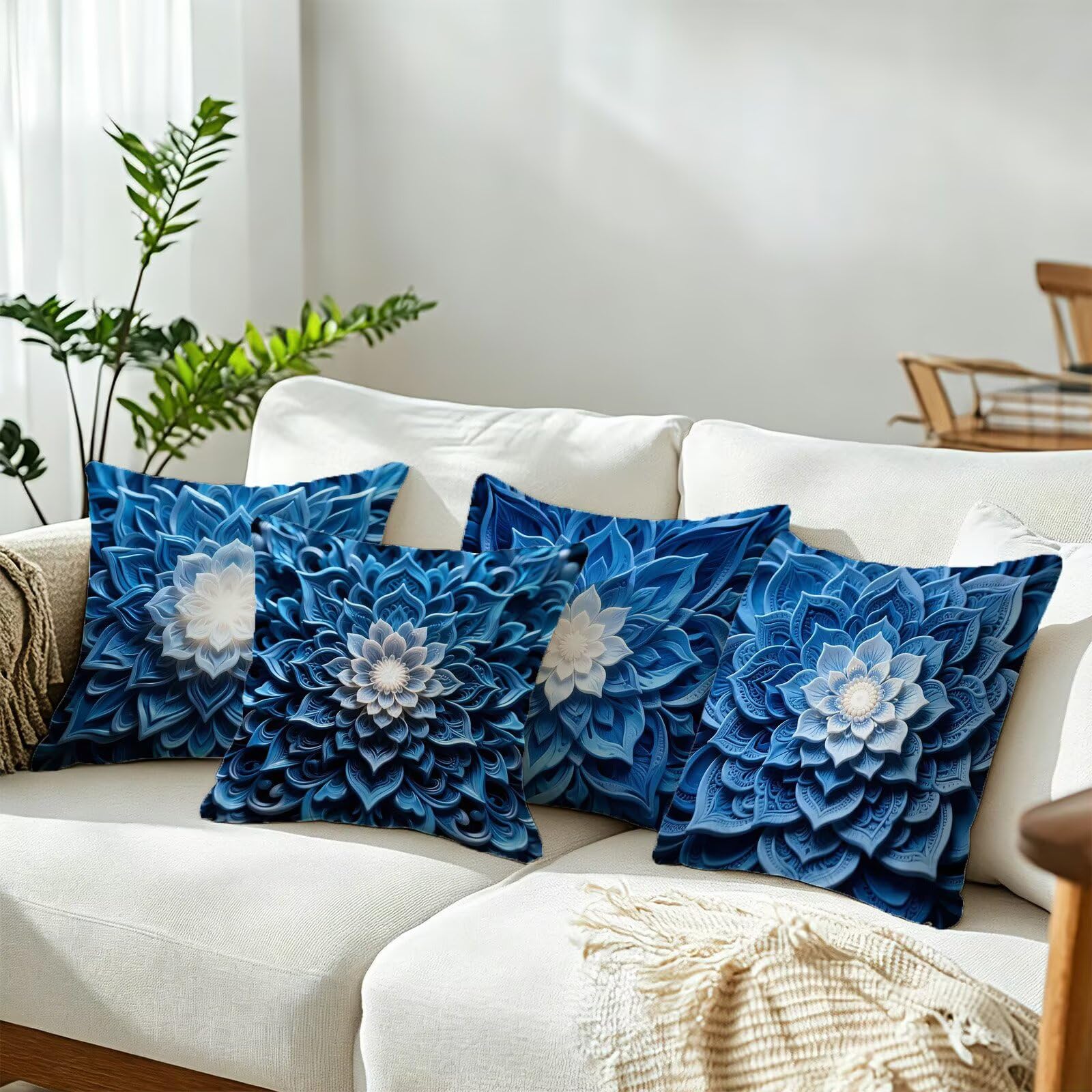 Blu Federe Cuscini Divano 60x60cm, Cuscini da Esterno Set de 4, Cod-153 | Lin Copricuscini Decorativi Letto Arredo, per Letto, Soggiorno, Giardino, Esterno, Casa Decorazione Set di 4 Fiore