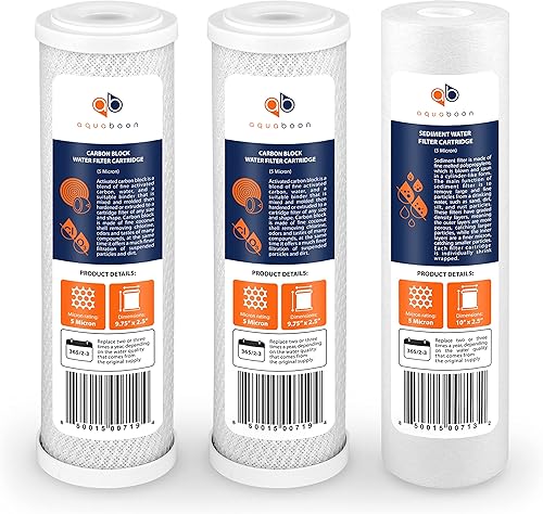 Aquaboon Juego de 3 cartuchos de filtros de agua de 5 micras de 10 x 2.5 pulgadas | Reemplazo de filtro de sedimentos y carbono compatibles con