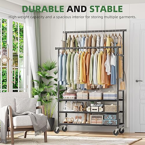 Miniatura 2 de Perchero de ropa con doble barra para colgar ropa, perchero portátil con 3 estantes, estante de carga de armario de 300 libras para dormitorio,