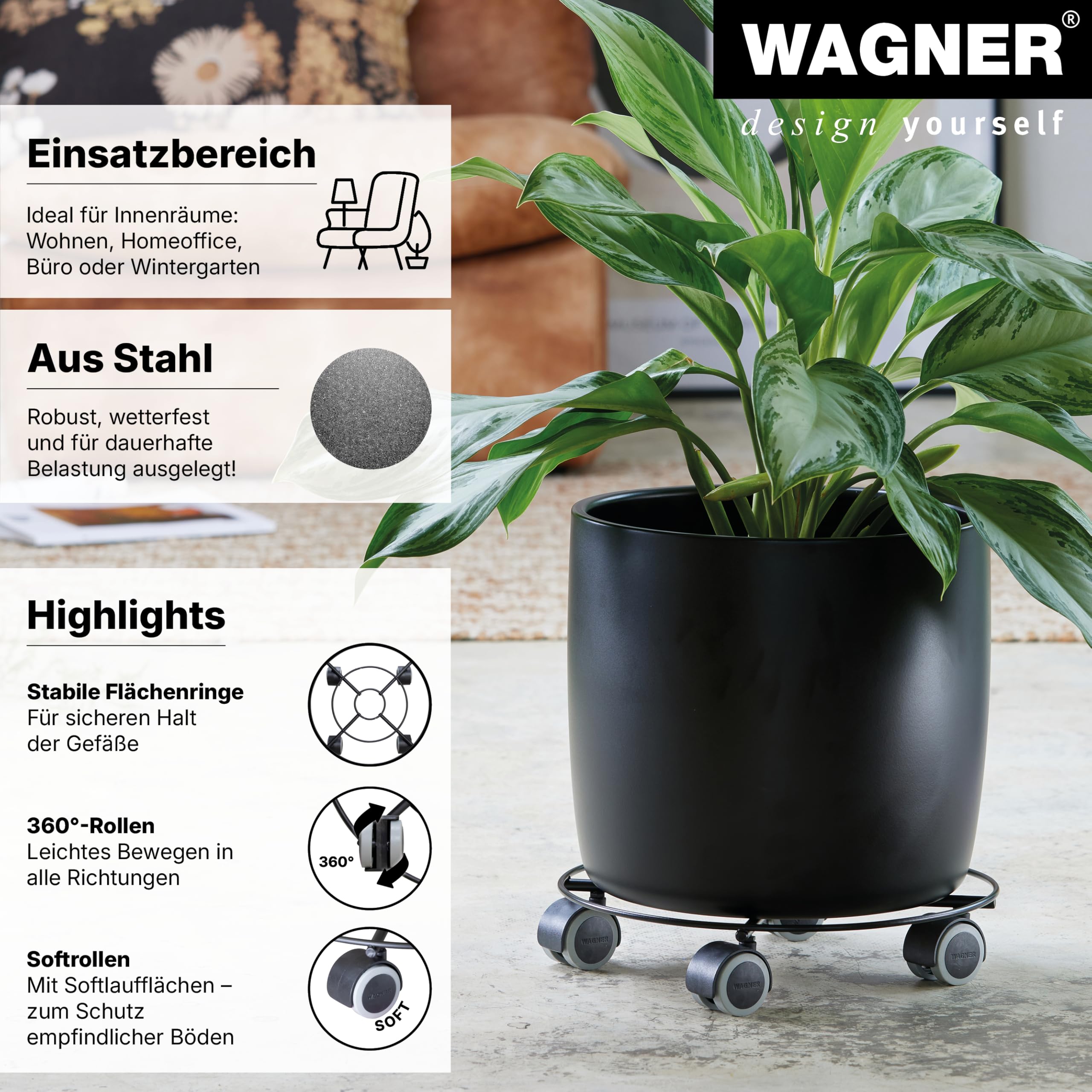 Wagner 20094401 rolka do roślin Drut Ø 30 x 6,5 cm, wałek do roślin do wnętrz, miękkie rolki, wałek na kwiaty z powlekanej stali, w kolorze czarnym, nośność 60 kg