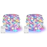 Fairy Lights Battery Operated, 2 Pack Total 40FT 120LED Silver Wire Waterproof String Lights, Christmas Decorations for Indoor Outdoor Bedroom Yard Decor, Multi-Colored