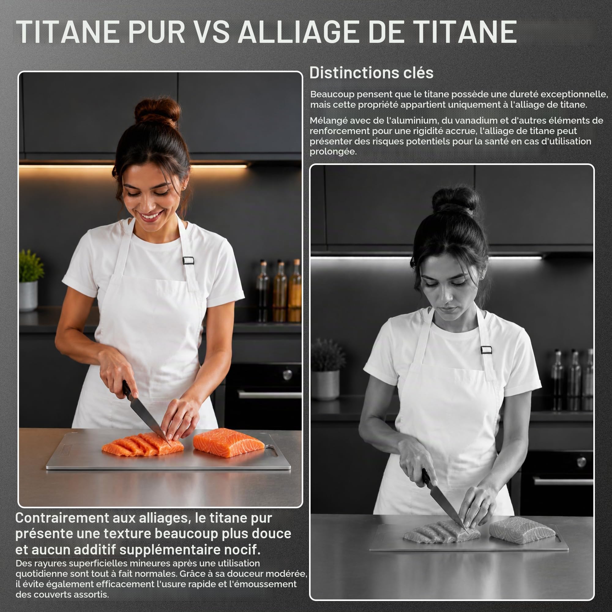 Planche à Découper 100% Titane pur Qualité Alimentaire, Surface non Poreuse Hygiénique sans Microplastique, Lavable en Lave-vaisselle pour Viande Légumes Fruits Cuisine Camping 34x23x0.2cm, 720g