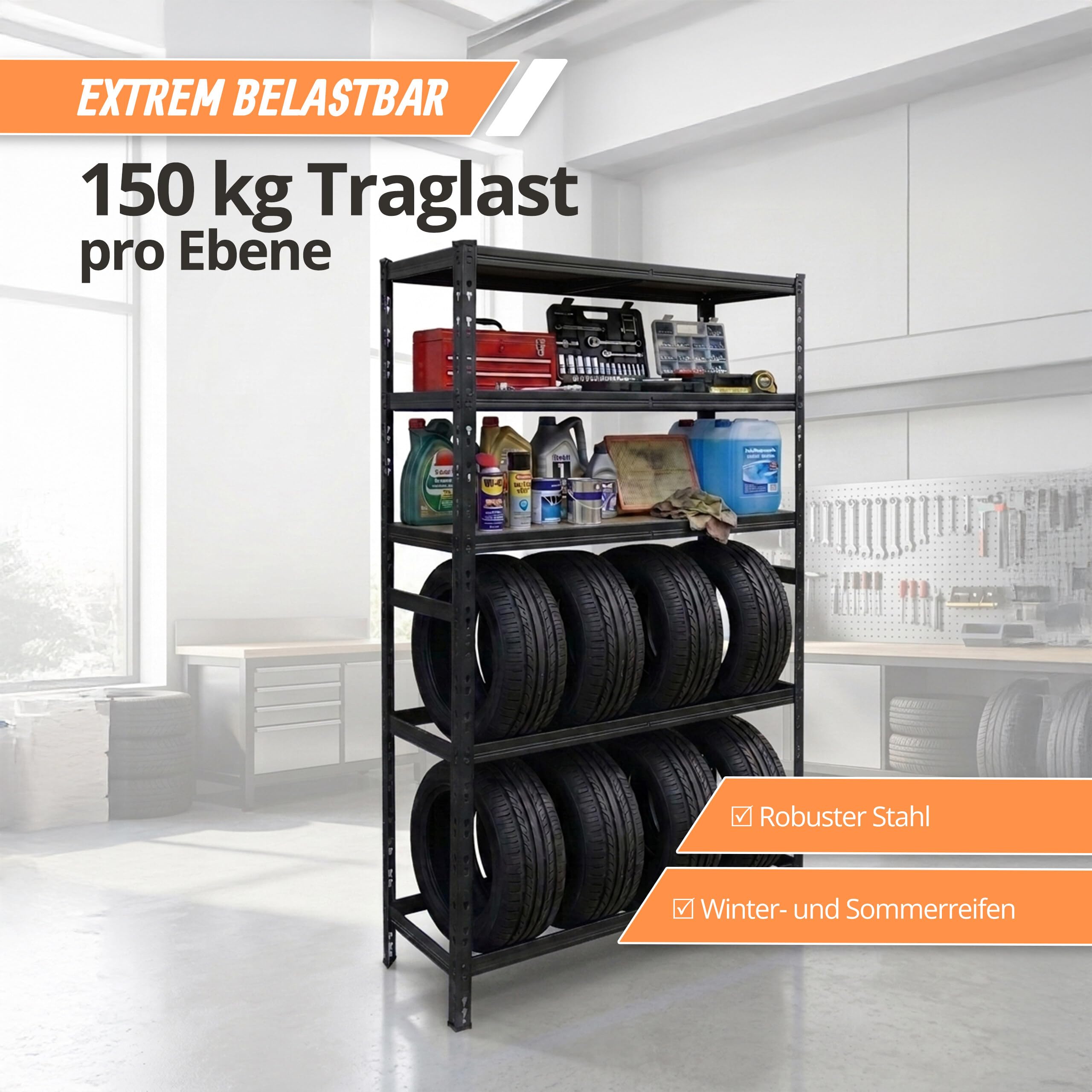 Relaxdays Reifenregal für 8 Reifen, HxBxT 210 x 110 x 40 cm, 750 kg, Stahl, Stecksystem, Reifenlager Werkstatt, schwarz