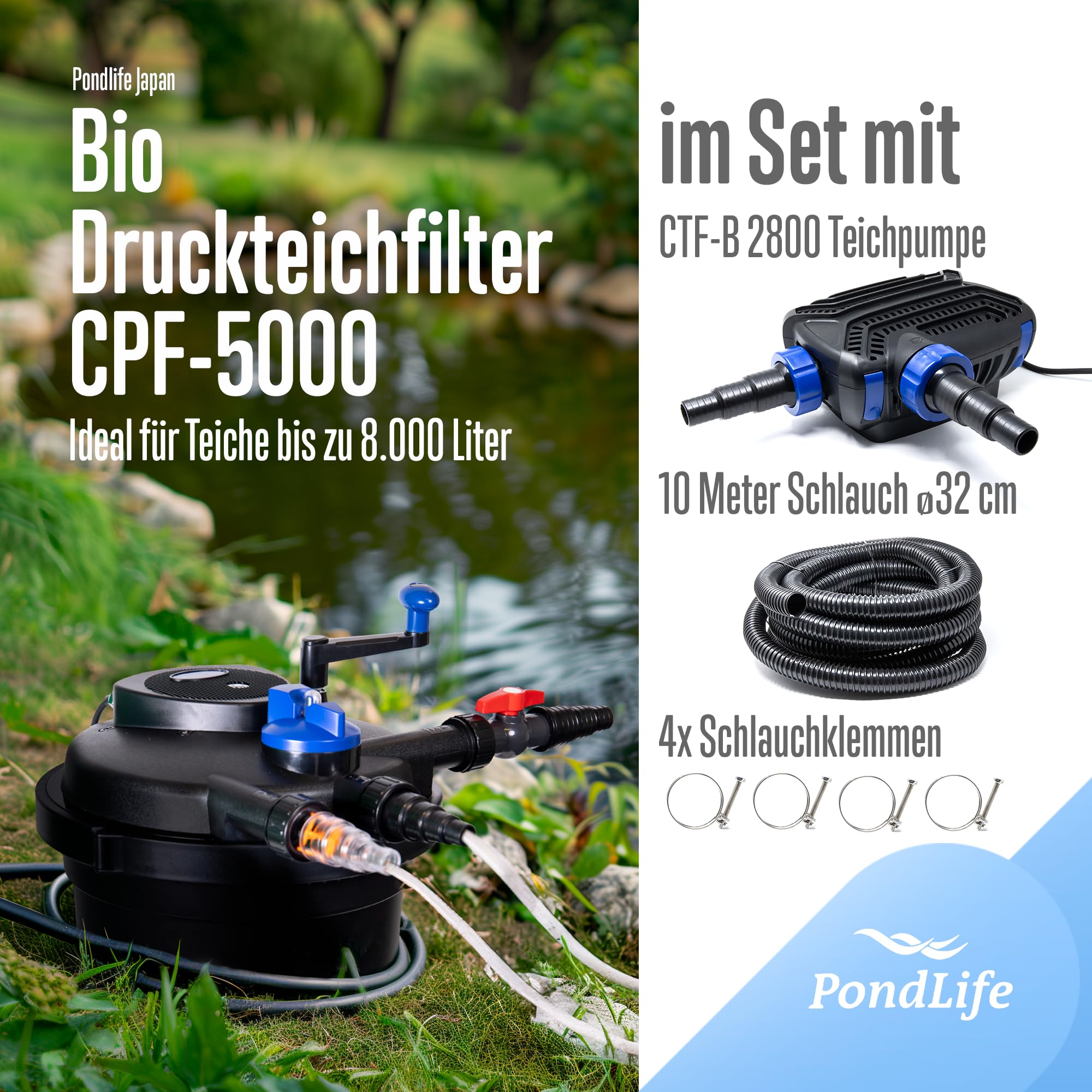 Pondlife Teich Filteranlage Set 14, Druckfilter CPF-5000 mit UVC Klärer für Teiche bis 8.000 Liter, 9.000L/h Durchfluss, energiesparende Pumpe CTF-B 2800 inkl. 10m Schlauch