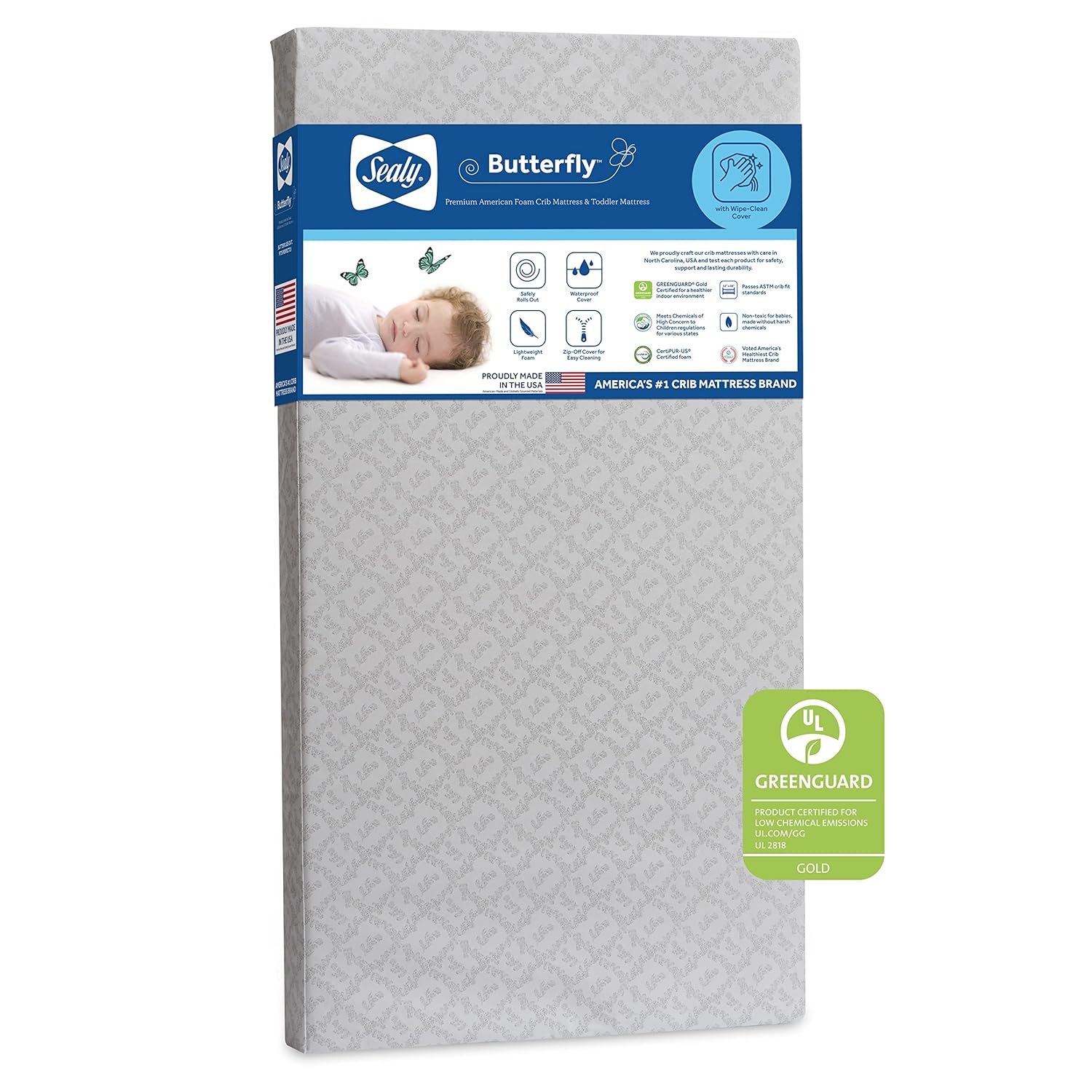 Sealy Baby Butterfly Crib Mattress plus Toddler Bed Fit, Premium American Foam, Washable Easy to Clean Zip Off Cover, GREENGUARD Gold Certified, Safety & Quality Tested, Made in USA, 52"X28"
