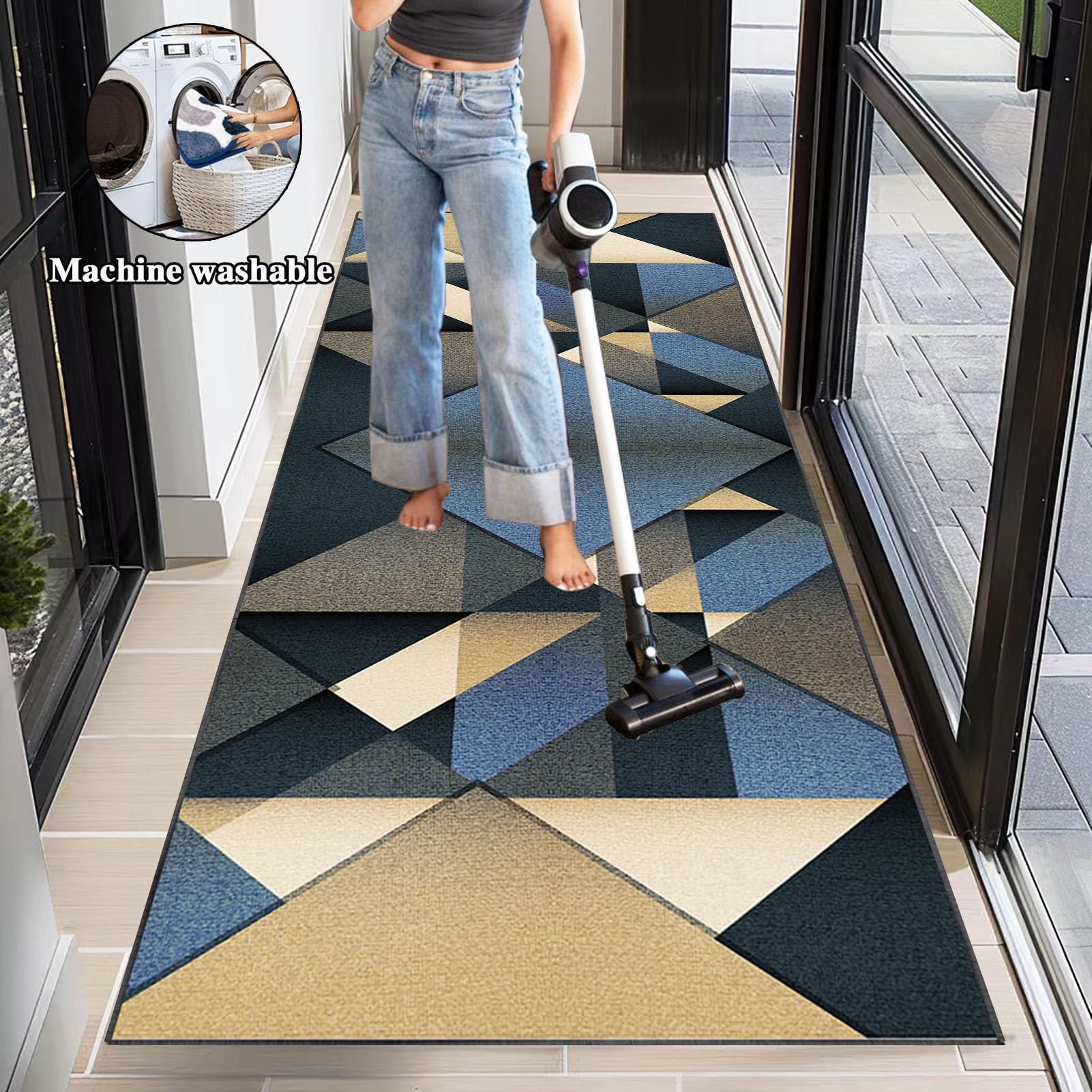 Tappeto Passatoia Cucina 50x150 Cm | Runner Antiscivolo Lavabile | Moderno Grigio Con Motivi Geometrici