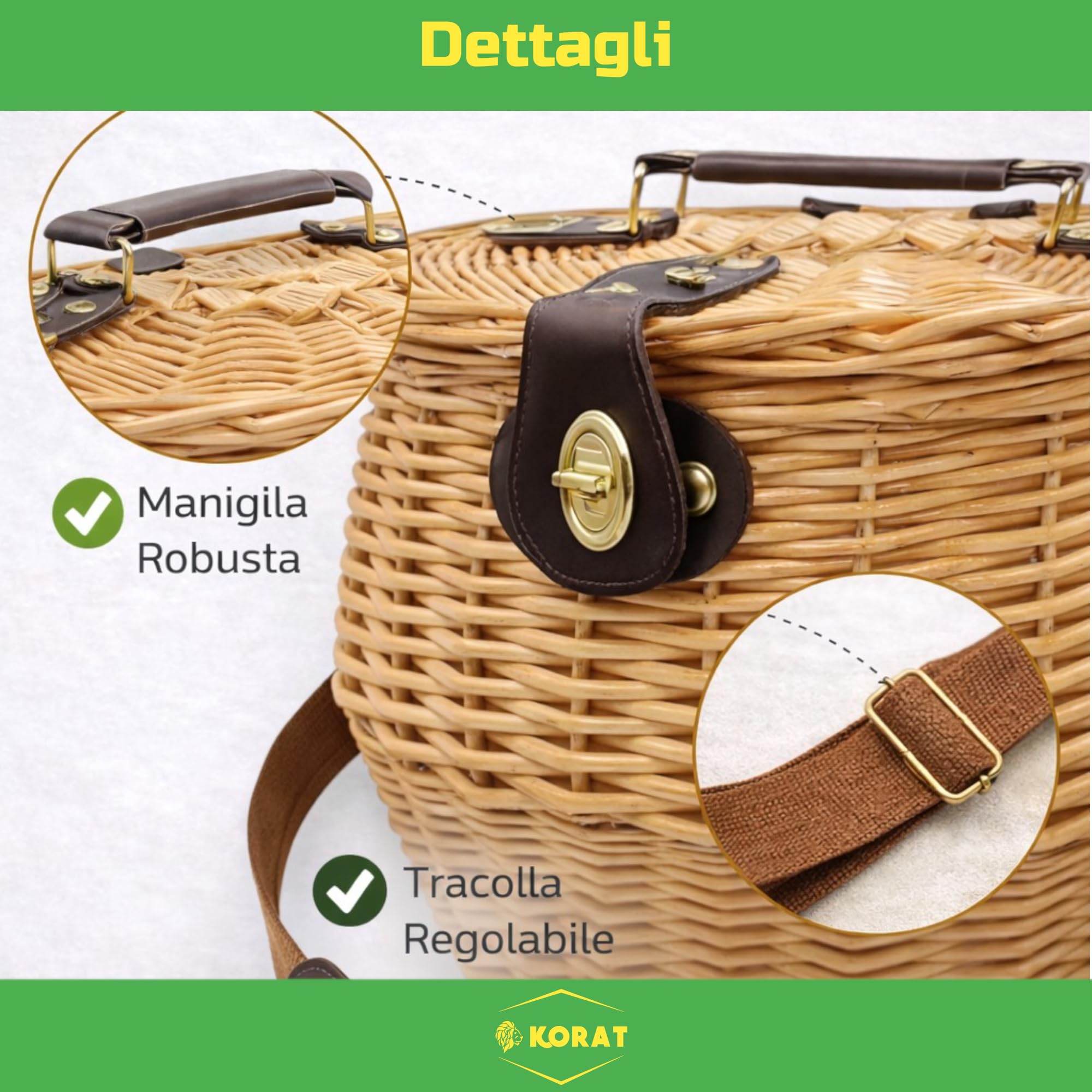 KORAT - Cestino in Vimini con Tracolla e Chiusura in Ottone, Cesto Raccolta Funghi 31x26x29 cm, Borsa Intrecciata Naturale con Maniglia, Robusto e Portatile per Outdoor e Picnic