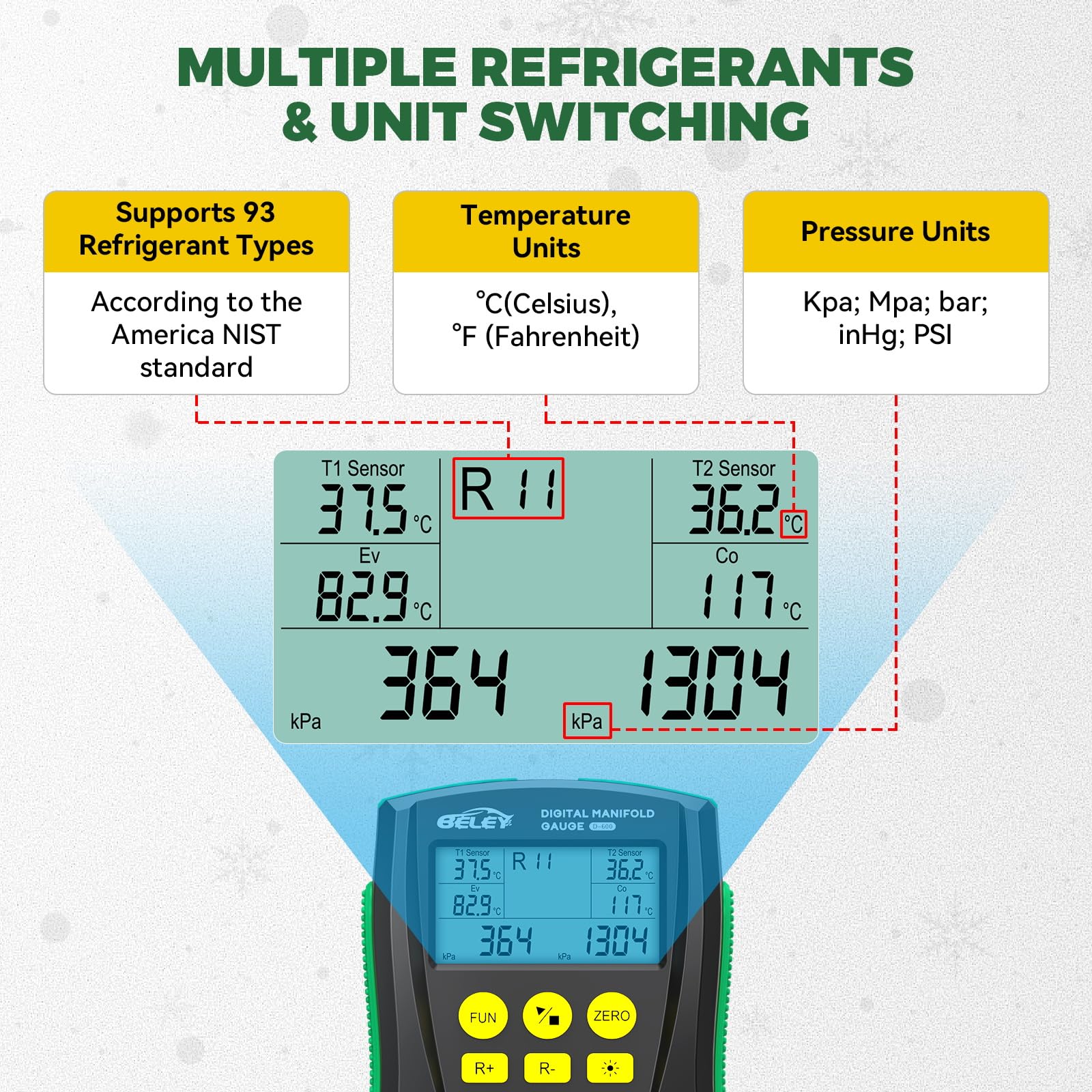 Digitales Manifold Gauge Set HVAC Manometer für 93 Kältemittel R410a R32 R22 Vakuumpumpe Klimaanlage Tester mit Temperatur-Clips 1.5m Schläuchen
