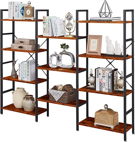 Miniatura 19 de SUPERJARE Estantería triple de 4 niveles, estantería con 11 estantes abiertos, estante ancho para el hogar y la oficina, color gris Negro -,Marrón