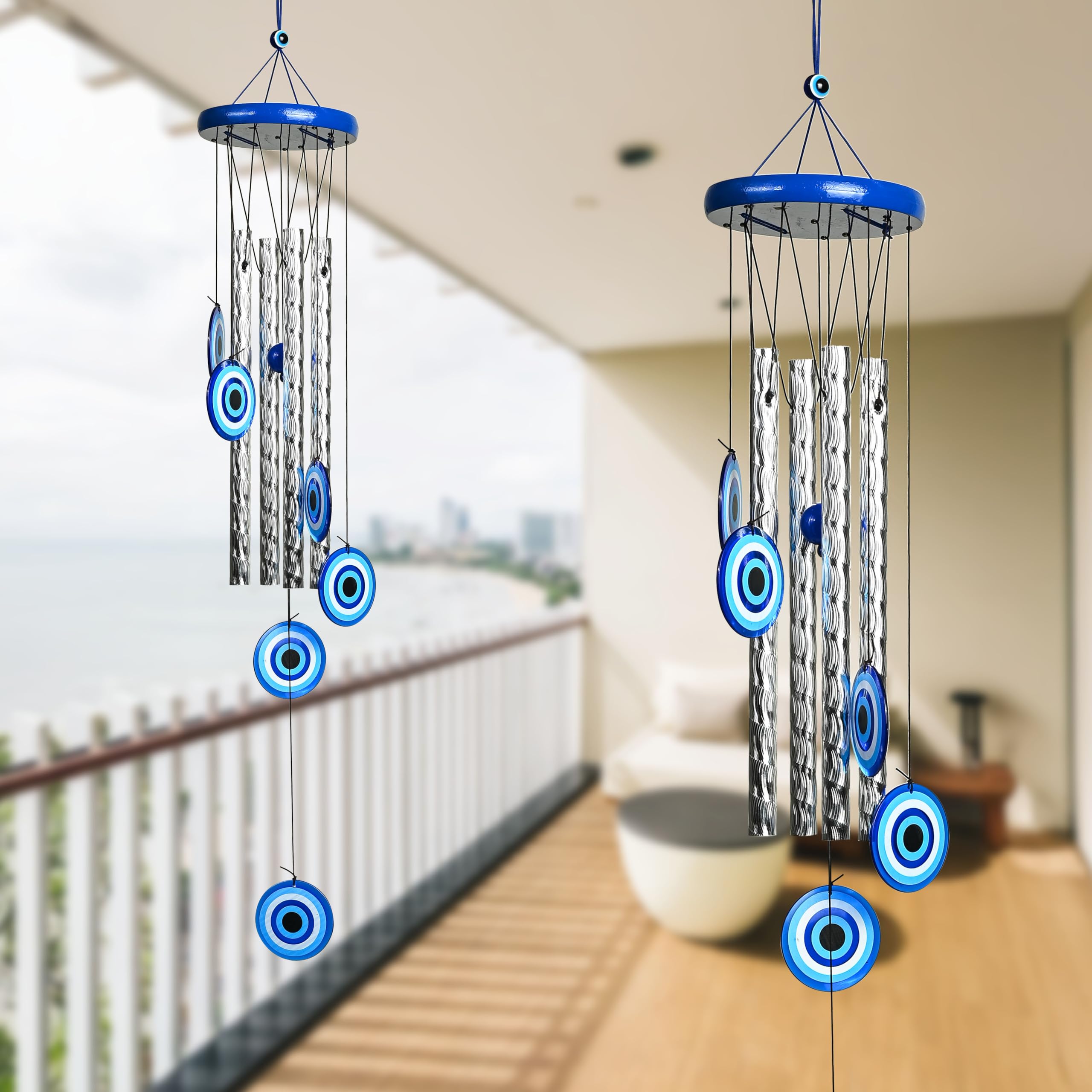 ZAICUS Turkish Evil Eye Wind Chimes – Metal Hanging Décor for Home, Balcony, Entrance & Living Room – 27-inch Chime for Positive Energy & Housewarming Gift (4 Pipe)-image-18