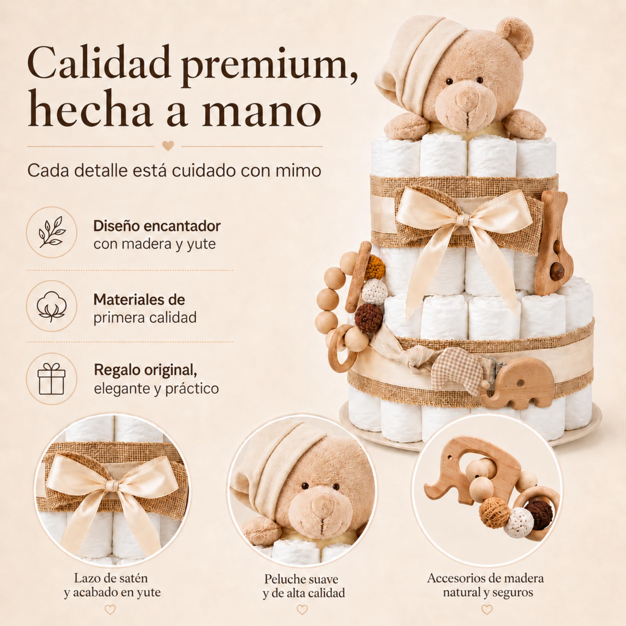 Tarta de Pañales DODOT | Pastel de Pañales para Bebés | Regalo Original para Recién Nacido | Regalo para Bebé Unisex | Modelo Beige Bear – MyLittleBabies