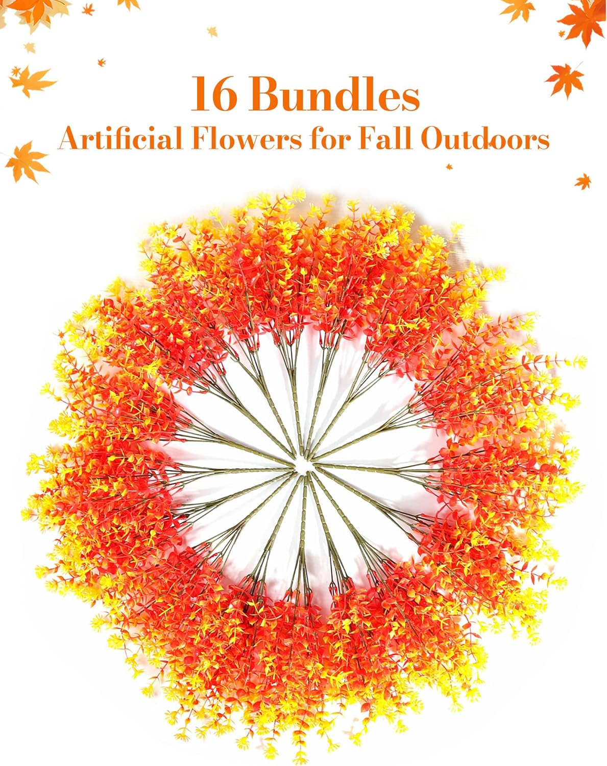 16 Bundles Artificial Flowers for Fall Outdoors Decoration - Fake Mums Faux Artificial Plants Plastic Flower No Fade for Harvest Halloween Thanks Giving Day Decor