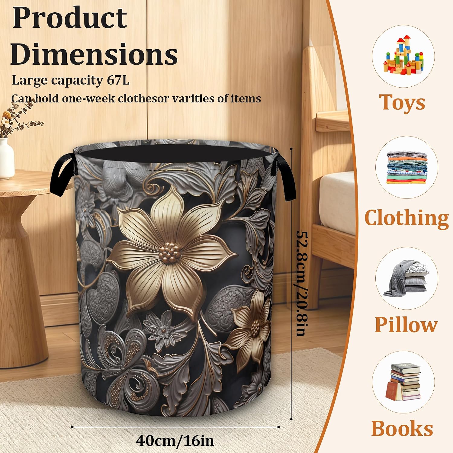 Modern Golden Flowers Collapsible Laundry Basket with Handles, Large Capacity Clothes Hamper, Waterproof Oxford Cloth Storage Basket for Laundry Room Bathroom