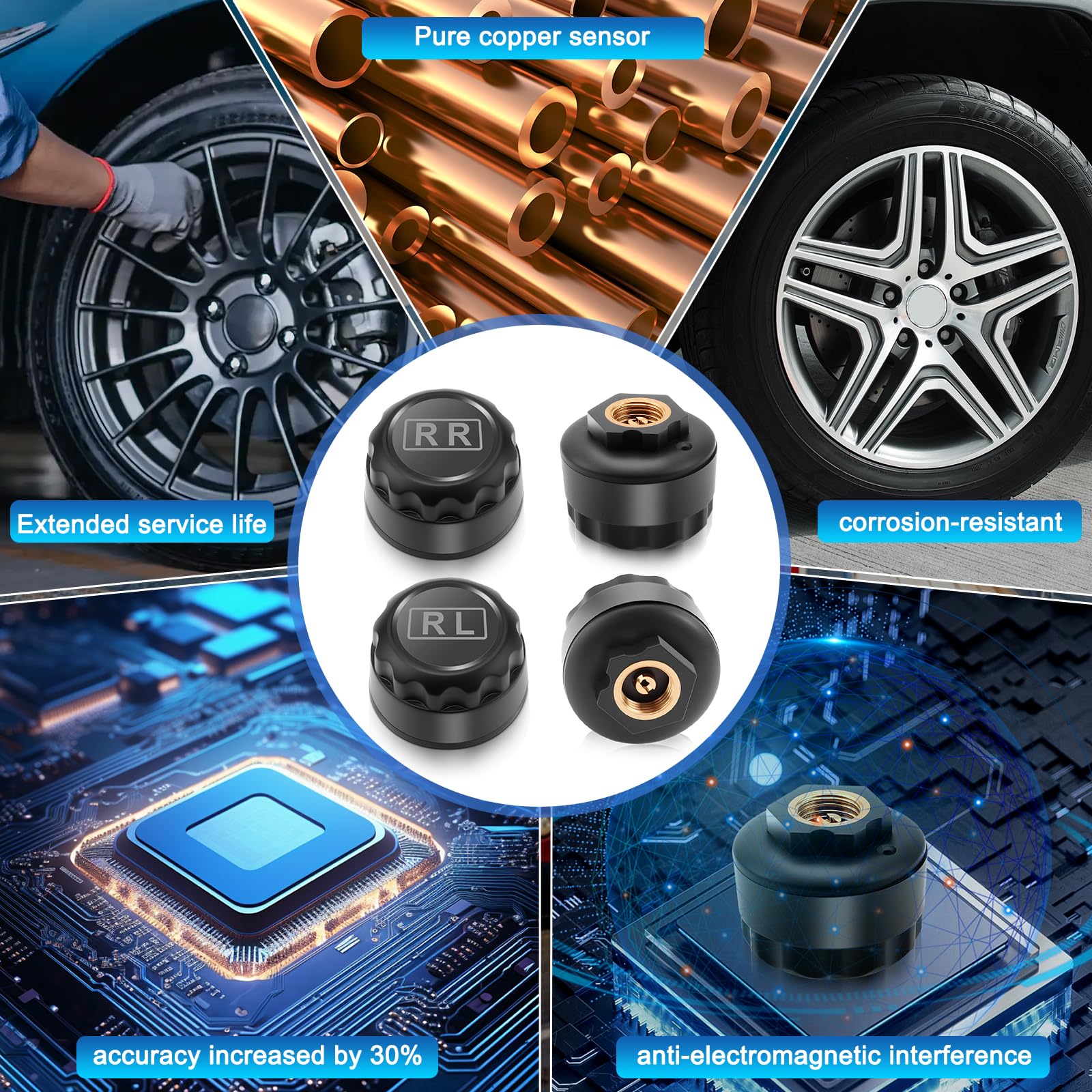 Sistema di Monitoraggio della Pressione dei Pneumatici Solare Sistema Monitor Pressione Gomme Staffa Rimovibile, 4 Sensori Esterni per Camper SUV Auto
