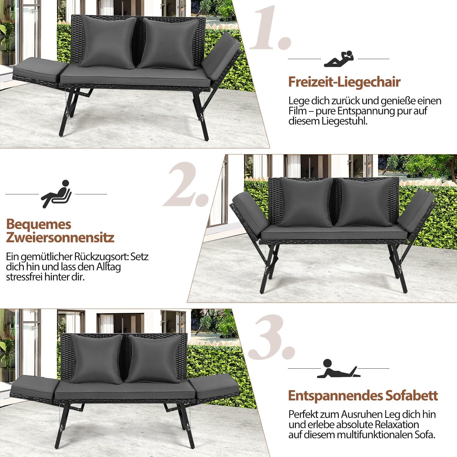 Panchina da giardino in polyrattan 3 in 1 con funzione sdraio, divano da balcone a 2 posti, pieghevole, braccioli pieghevoli, rivestimenti rimovibili, mobili da salotto per giardino, balcone