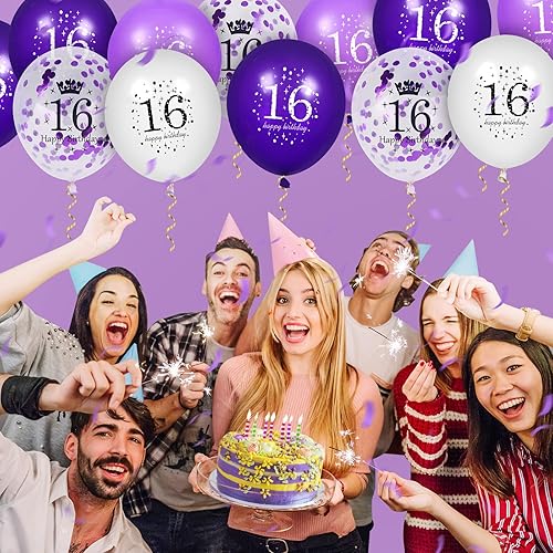 Miniatura 4 de Decoraciones de globos de cumpleaños morados de 16, 16 globos de látex de confeti de cumpleaños morado y blanco para niñas y niños, fiesta de feliz