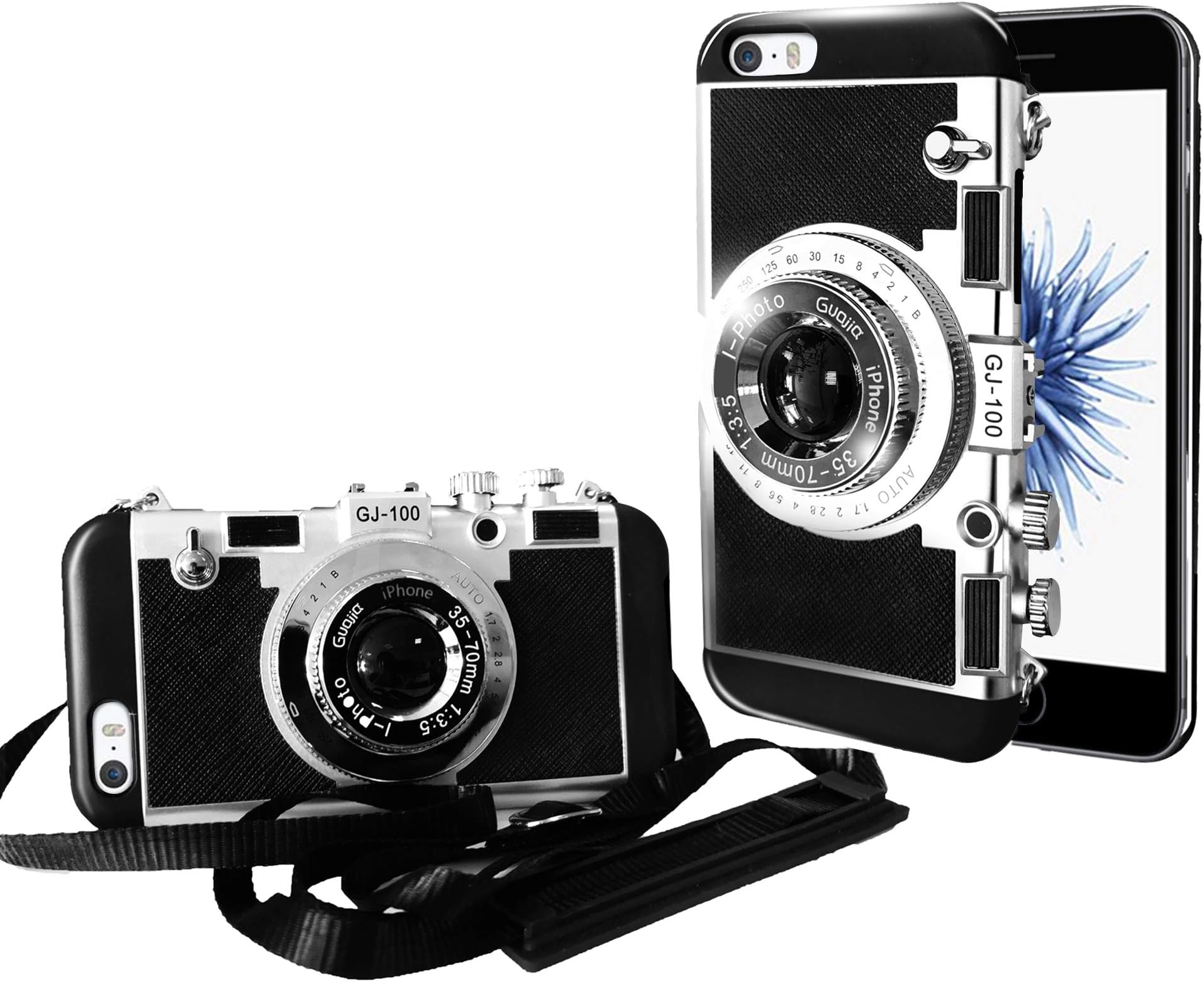 Guojia iPhone 6/6s Camera case, 3D Cute Design Silicone Cover with Long Strap Rope,Cool Phone Protector for iPhone 6/iPhone 6s (4.7 inch)-Black