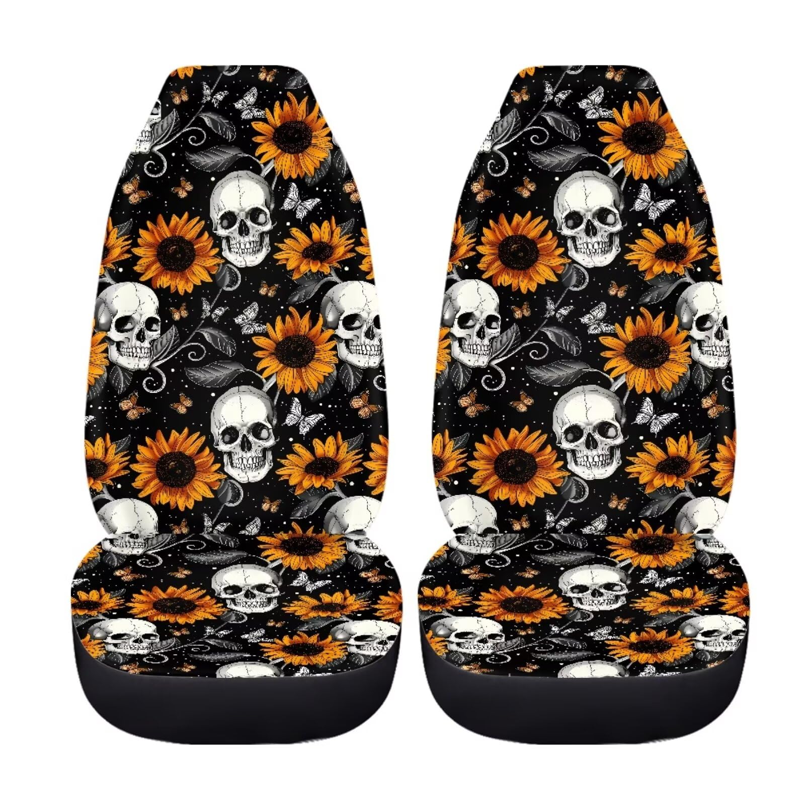FUIBENG Skull Sunflower Daisy Car Seat Cover Set of 2,Breathable Washable Vehicle Seat Protector Covers for High Back Seats,Bucket Seats Cushion for