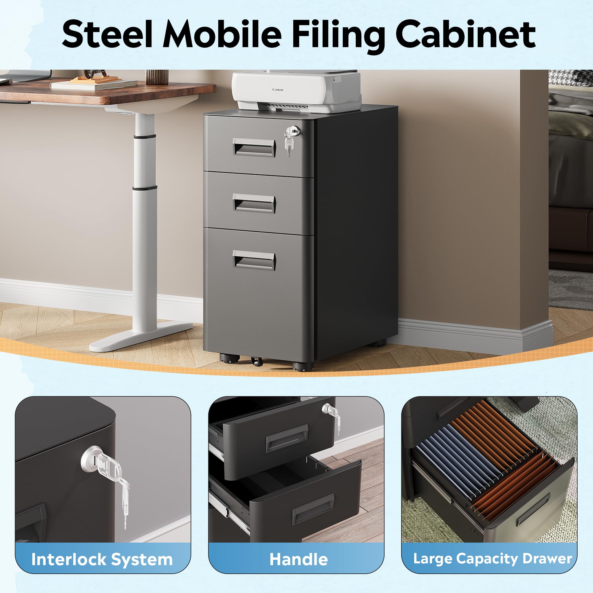 DEVAISE 3-Drawer Slim File Cabinet, Small Mobile Filing Cainet with Lock for Home Office, Fits Letter/Legal/A4 Size, 11.8 x 17.7 x 23.2 Inches (Pre-Assembled, Black): Black 17.7" D x 11.8" W x 22.8" H