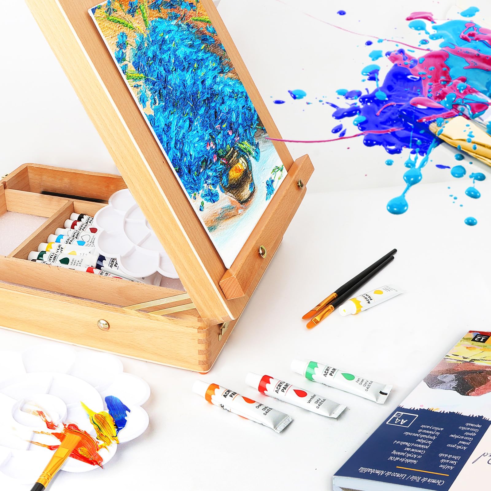 Juego de caja de caballete de arte de mesa, kit de pintura de 26 piezas para artistas adultos y principiantes, soporte de caballete con 12 pinturas acrílicas, 12 hojas de almohadilla acrílica,