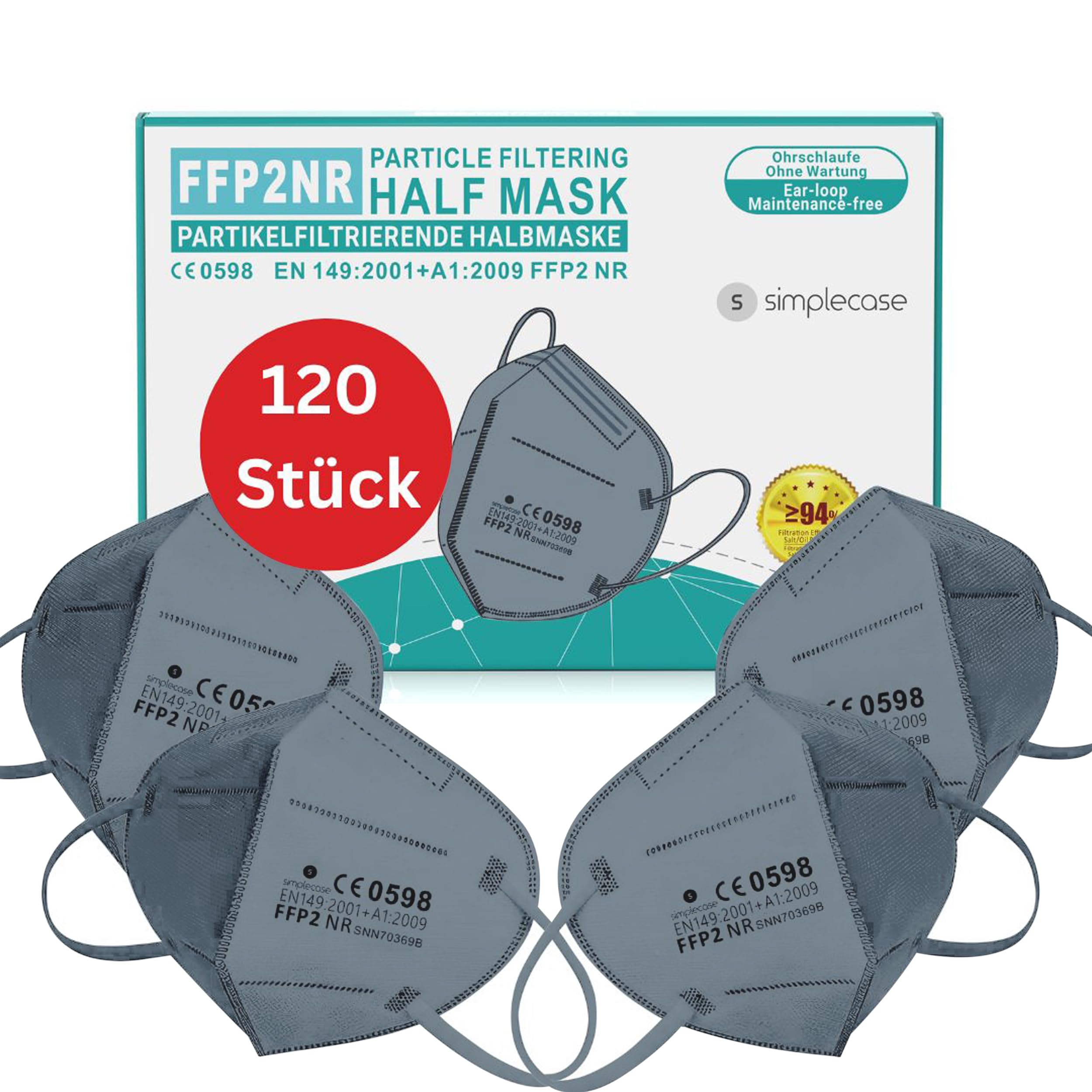 Simplecase - 120 mascarillas FFP2 certificadas por el organismo designado oficialmente 0598, respirador, máscara de filtro de partículas