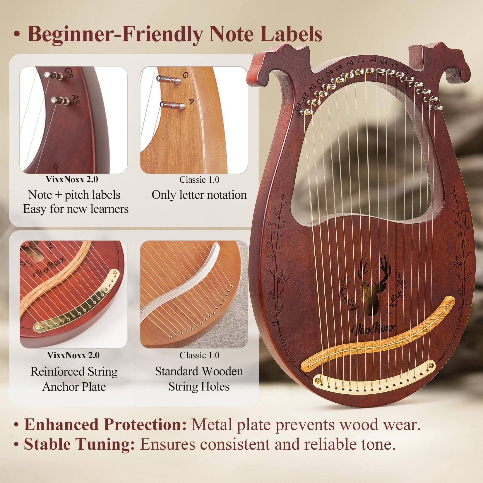 Lyre Harpe 16 cordes en Métal Lyre Instrument de Musique en Acajou avec Clé d'accordage Cordes de Rechange Livre de Musique en Englais Portable Sac, Harp pour Adultes Enfants Débutants