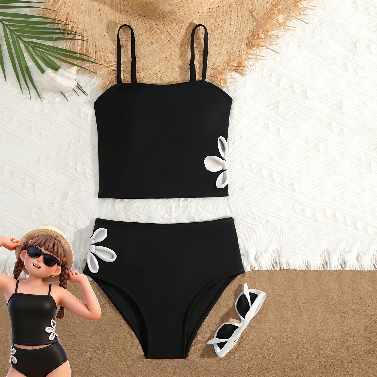 Generisch Traje de baño tankini de dos piezas con estampado floral en el lateral para niñas grandes, traje de baño de verano monocolor