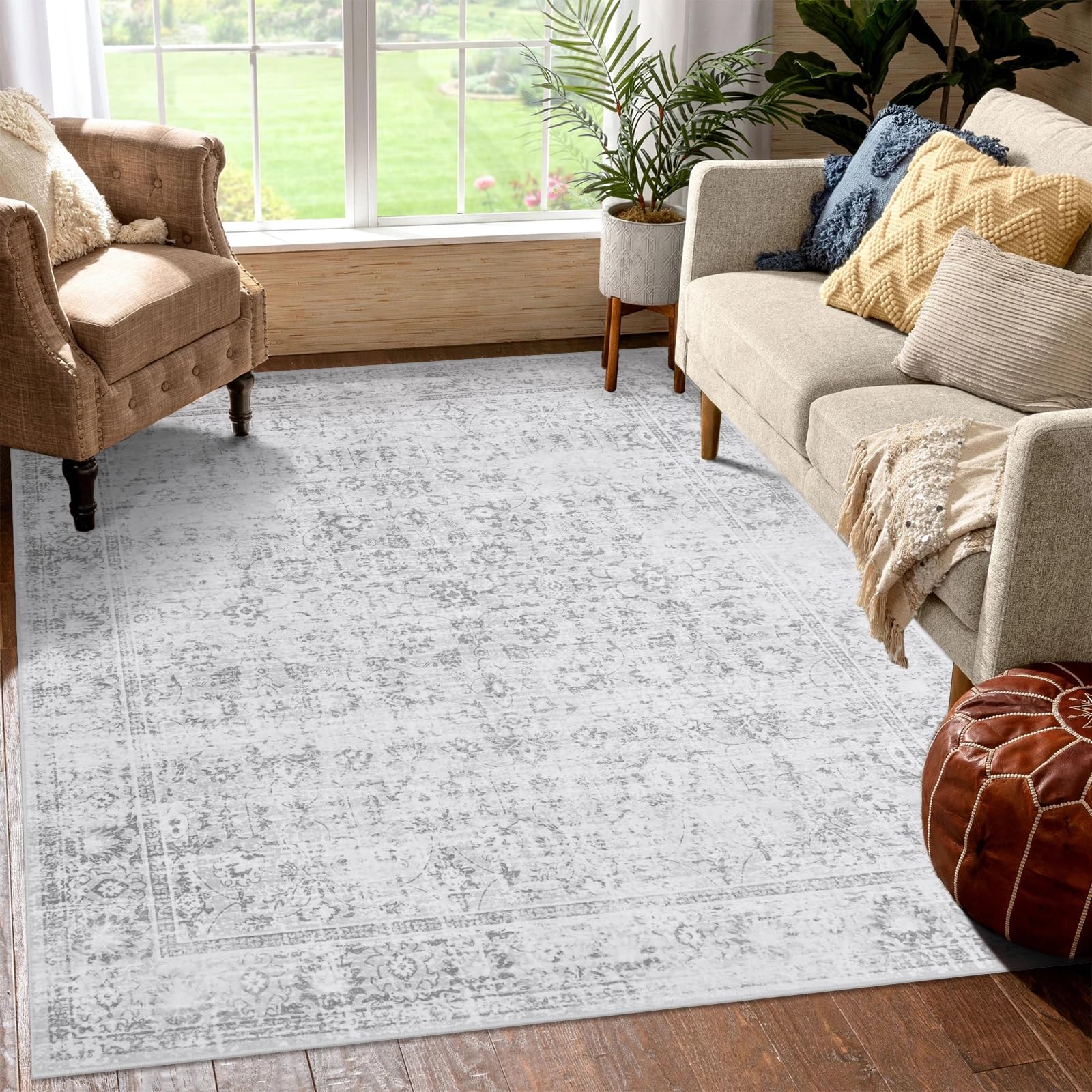 LIVEBOX Washable Area Rug 5x7 Large Boho Living Room Rug Vintage Grey Rug for Bedroom, Lightweight Retro Carpet Floral Accent Rug for Nursery Room High Traffic Area