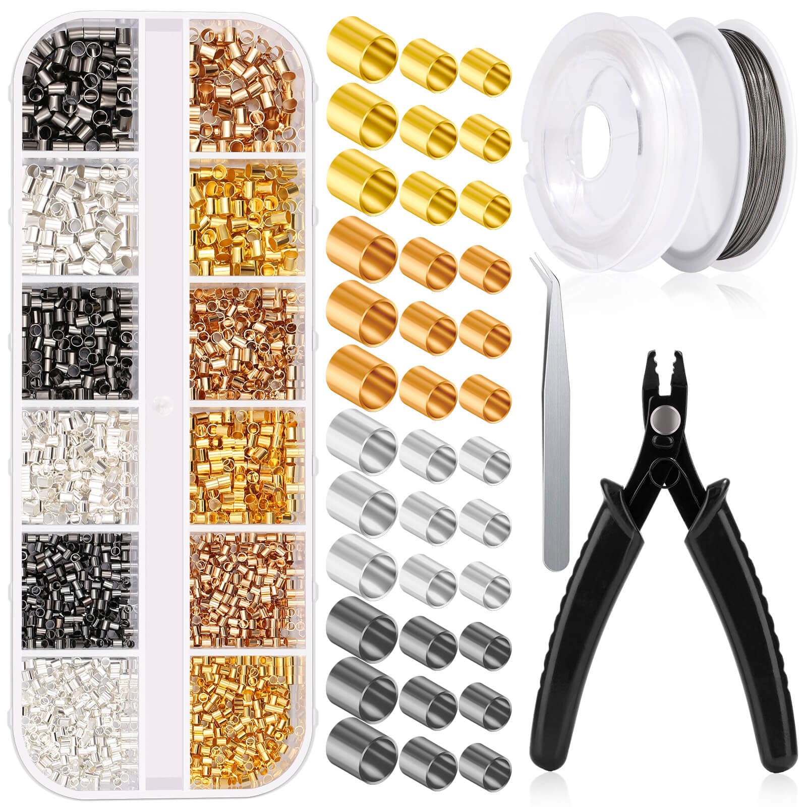 AudabCrimp Tube Beads with Pliers and Beading Wire, 1.5mm/2.0mm/2.5mm, Gold, Silver, KC Gold, Black