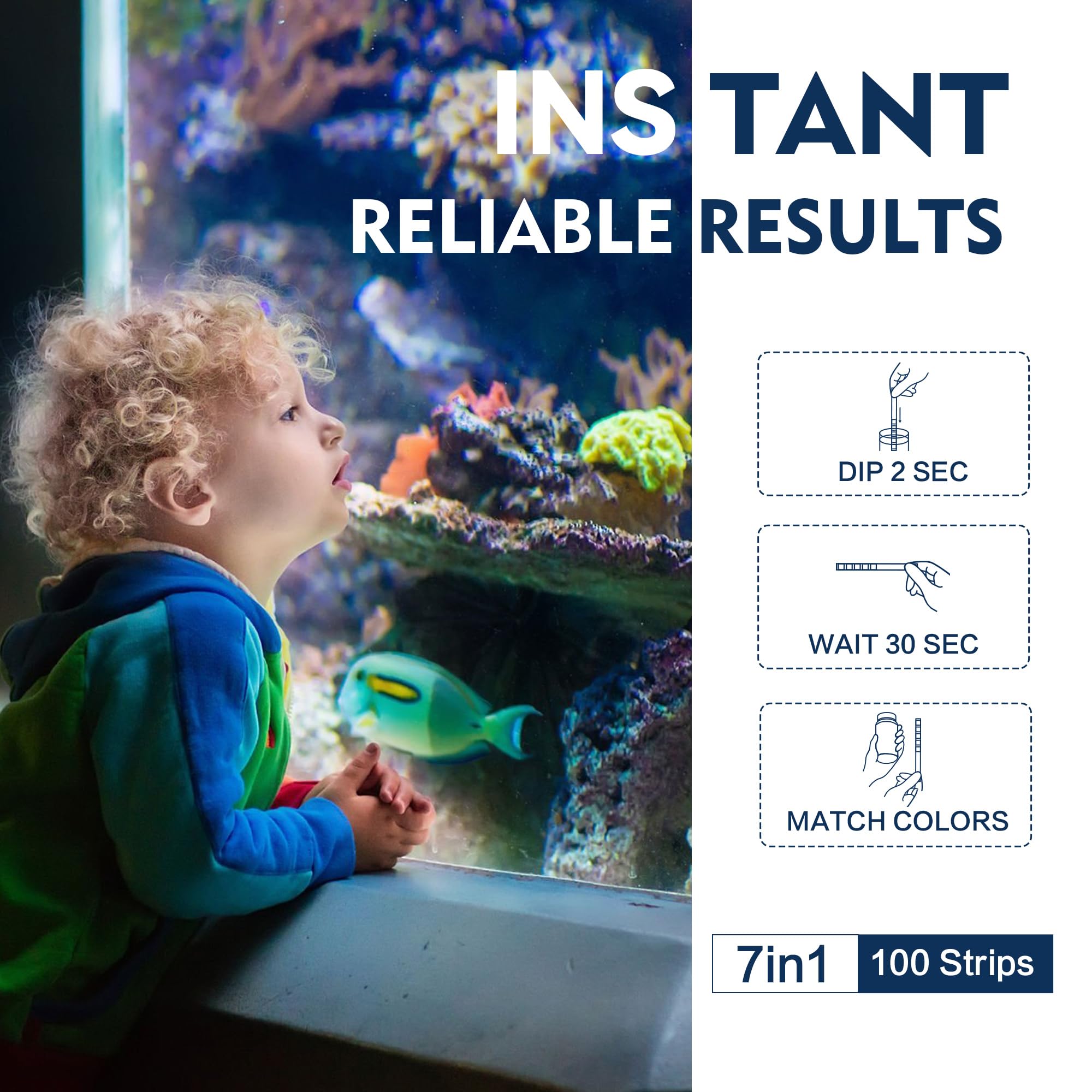 Aquarium Test Strips, 7-Way Aquarium Test Kit for Freshwater Saltwater,100 Strips Quick and Accurate Fish Tank Pond Test Strips,Test Nitrate, Nitrite, Chlorine,Hardness,Alkalinity, Carbonate, Ph