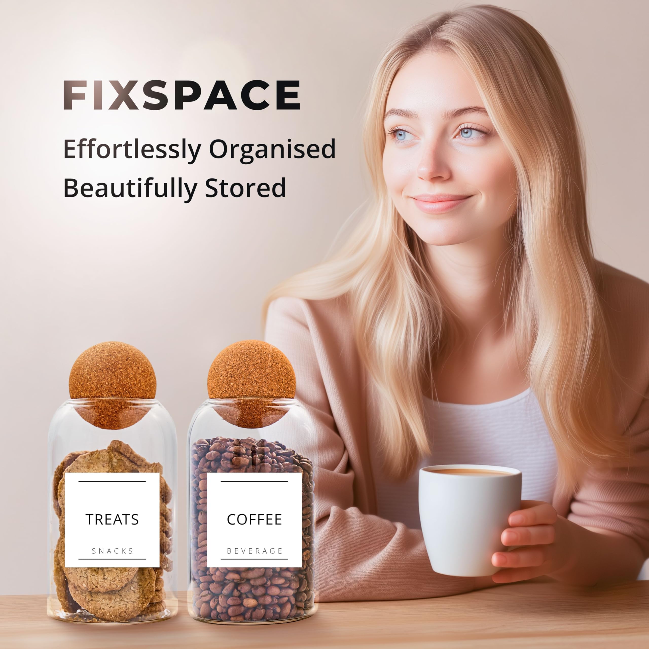 Fix Space Tee Kaffee Zucker Dosen - Set mit 3 einzigartigen Korkkugel-Glasdosen - Stilvolle Tee- und Kaffeedosen mit wasserdichten, abnehmbaren Etiketten - Ideal für die Organisation der Küche (750ML)