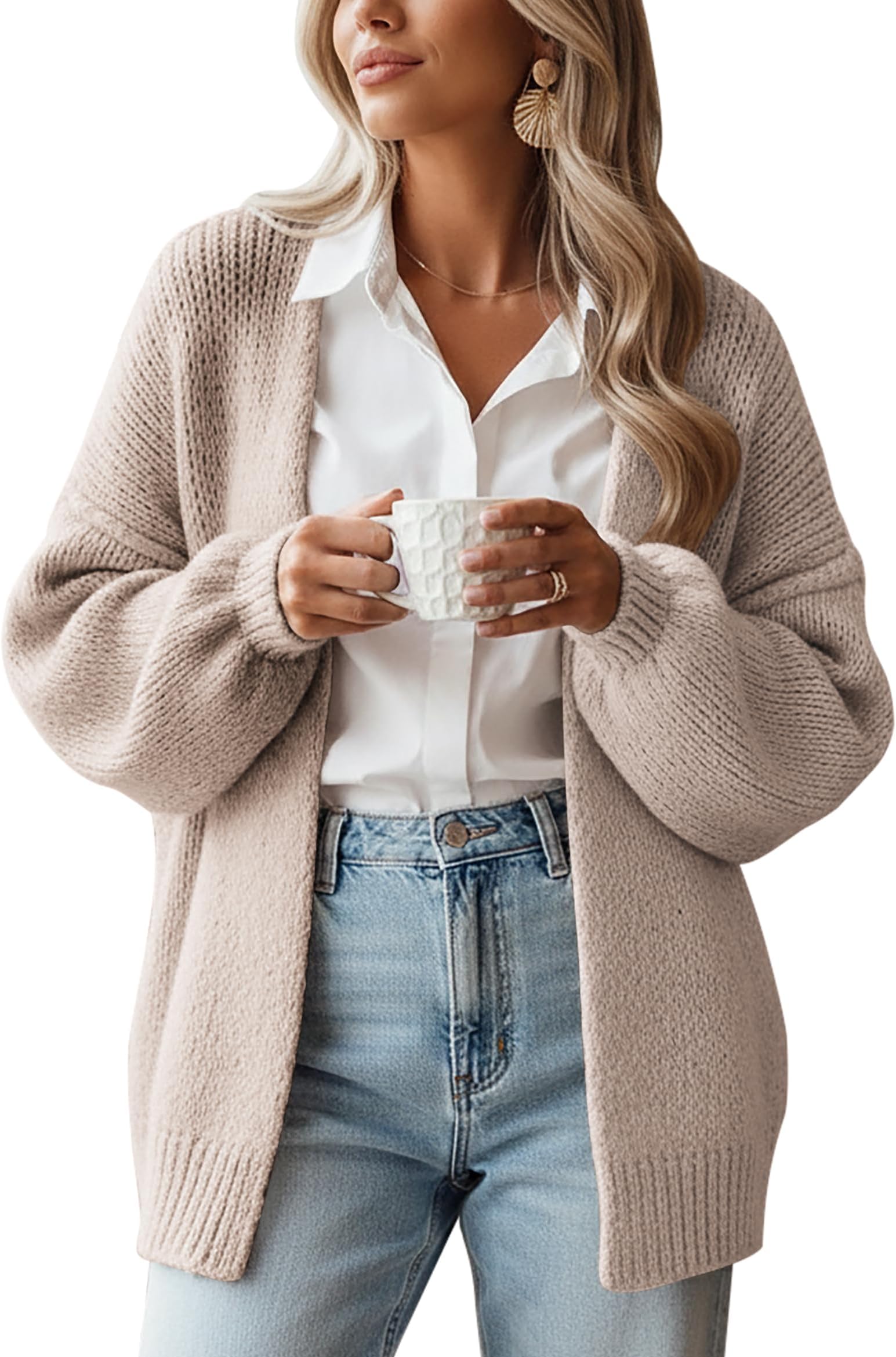 Womens Cardigans Chunky Sweater Women Soft Sweaters Female Oversized Lantern Sleeve Knit Open Casual Versatile Everyday Wear