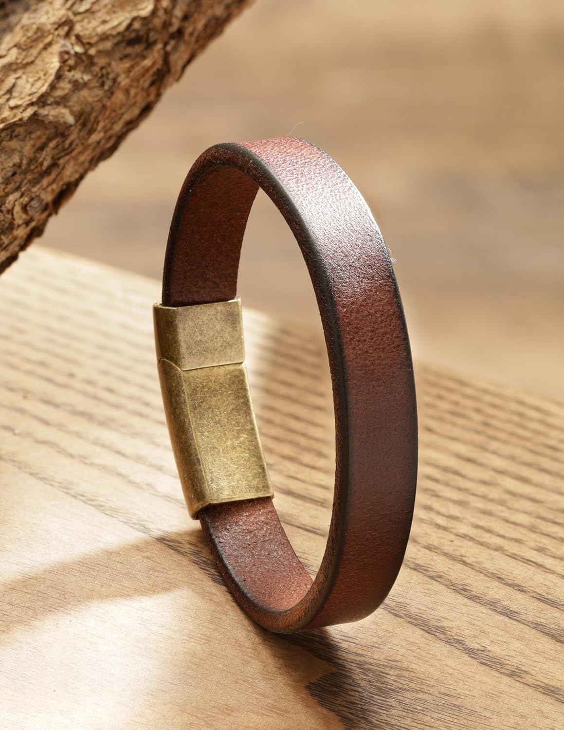 HAQUIL Rustic Brown Leather Bracelet with Antique-Finish Gold Plated Steel Clasp for Men | Ideal Father's Day Anniversary Christmas Birthday Gift for Him - Image 2