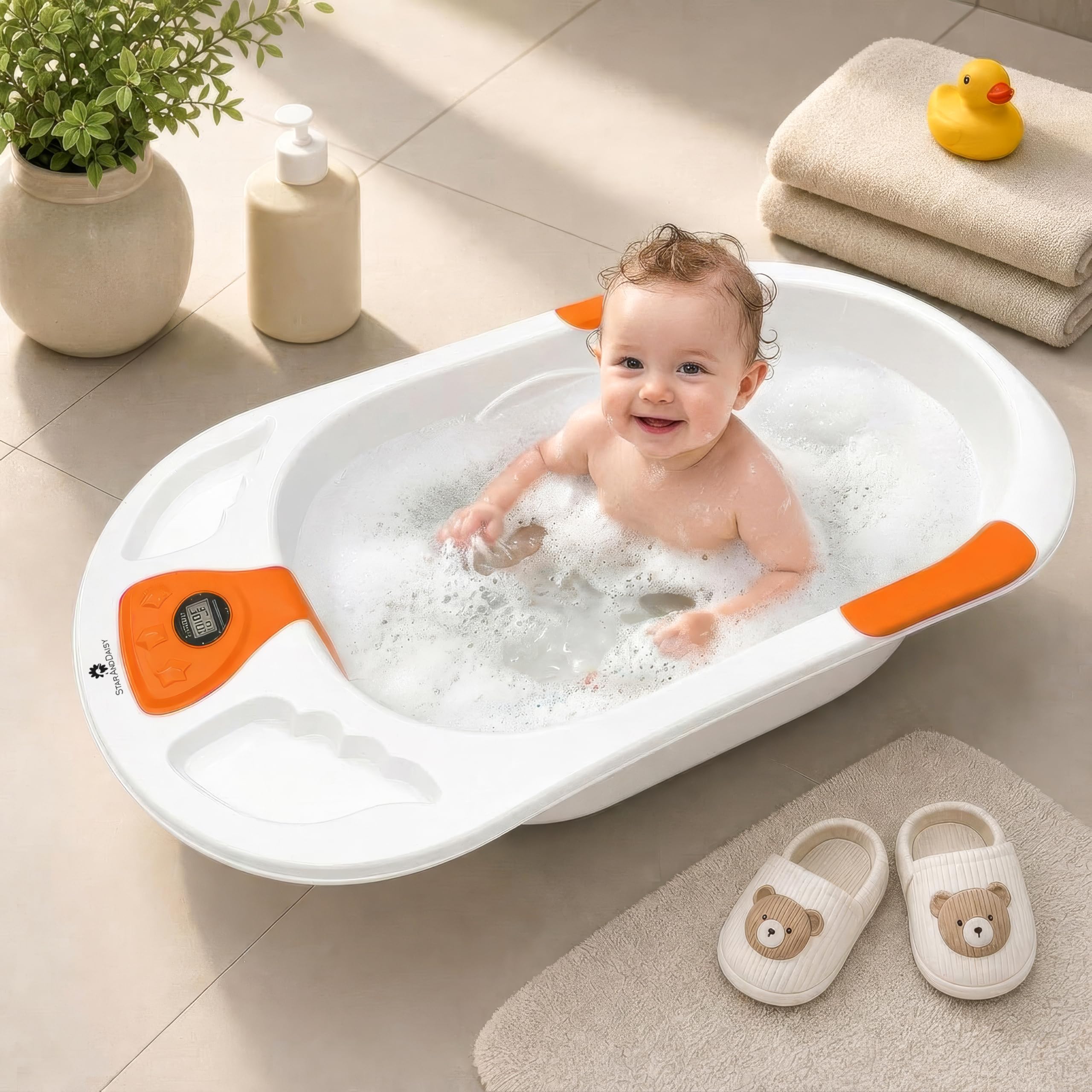 StarAndDaisy Baby Bath Tub for 0 to 5 Years with Temperature Sensing Meter & Anti-Skid Legs/Baby Bathing Tub for Newborn & Toddlers/Kids Bath Tub (SBT-White Orange)-image-25