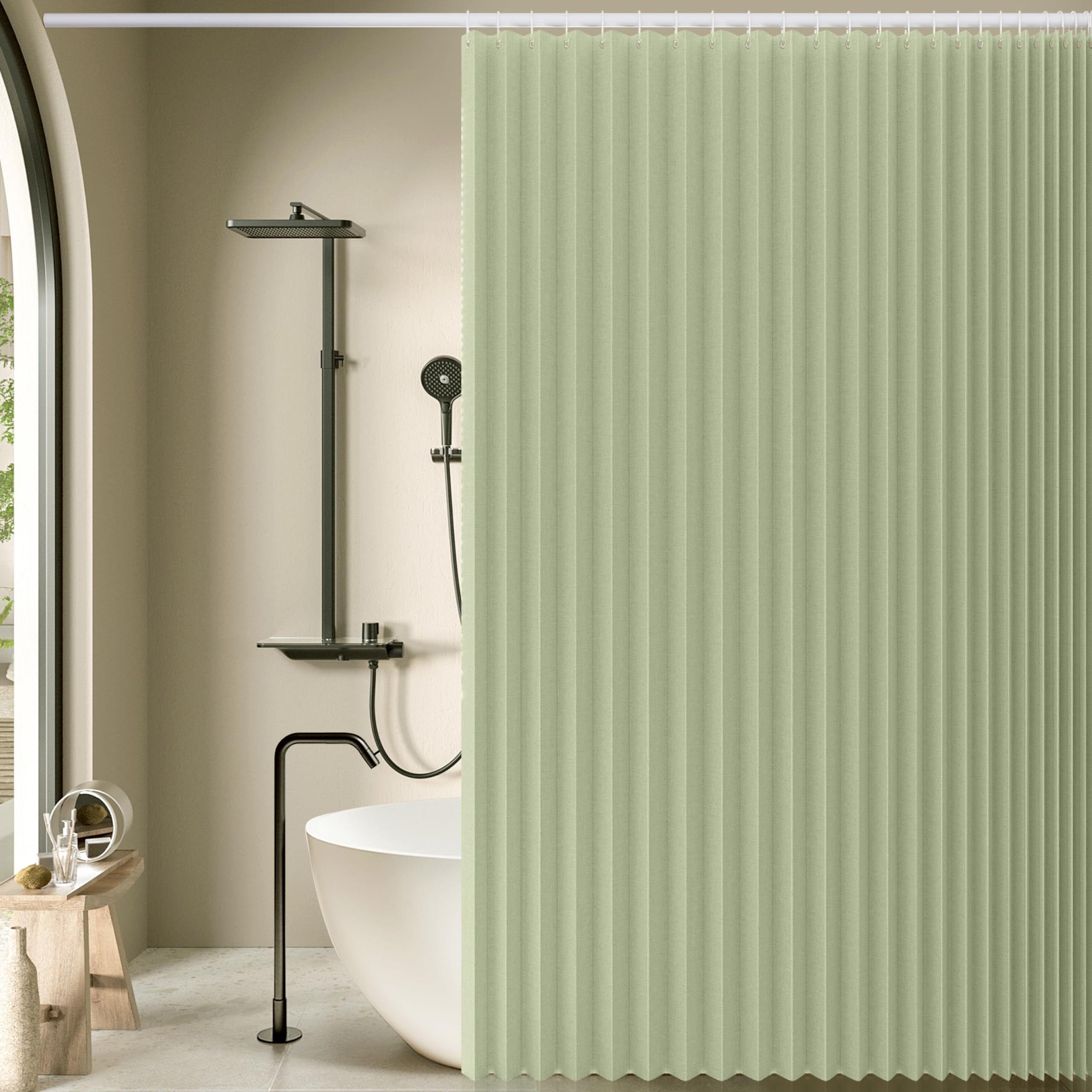 Jubilantex Cortina de ducha plegable de lino para baño, cortina de ducha impermeable, 1 panel con 14 ojales de metal y 1 alzapaños para hotel, 70 x 70 pulgadas