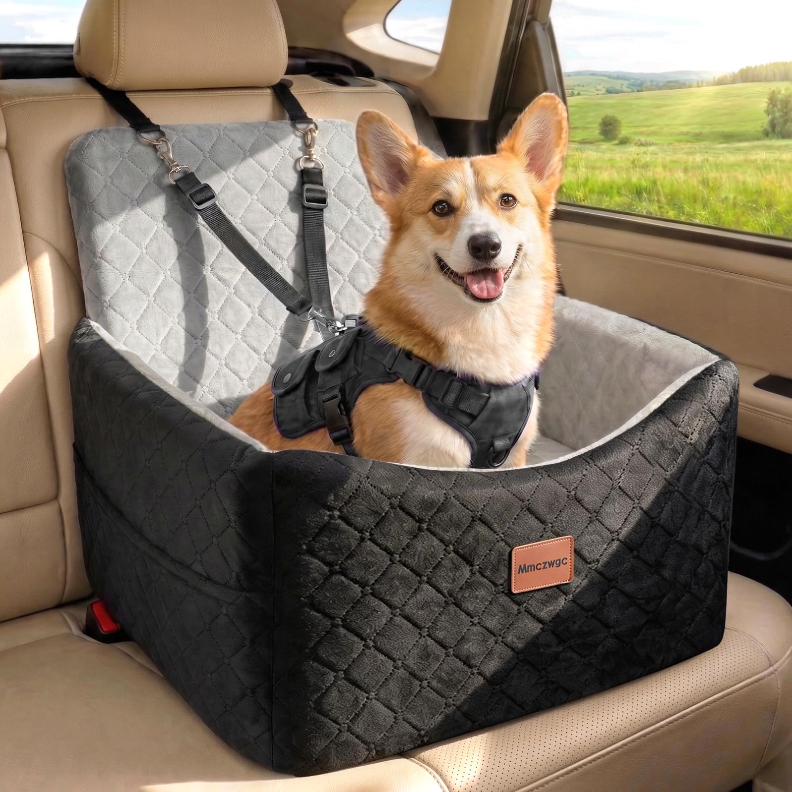 Photo 1 of Mmczwgc Dog Car Seat for Small Medium Dogs Up to 40 lbs – Dog Booster Seat with 6-Inch Memory Foam, Pet Car Seat with Removable Washable Cover, 3 Safety Belts & 2 Storage Bags (Black/Gray)