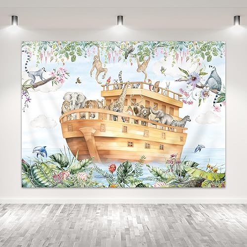 Miniatura 5 de Glawry Telón de fondo de Arca de Noé para fotografía, 7 pulgadas de ancho x 5 pies de alto, dibujos animados, bosque, safari, selva, hojas