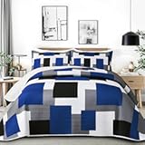 3 Piece Blue White Grey Quilt Set Full&sol;Queen Size Black White Geometric Reversible Bedding Set Microfiber Lightweight Bedspread Coverlet with 2 Shams Modern Bed Covers for All Season&comma; 90&apos;&apos;x96&apos;&apos;