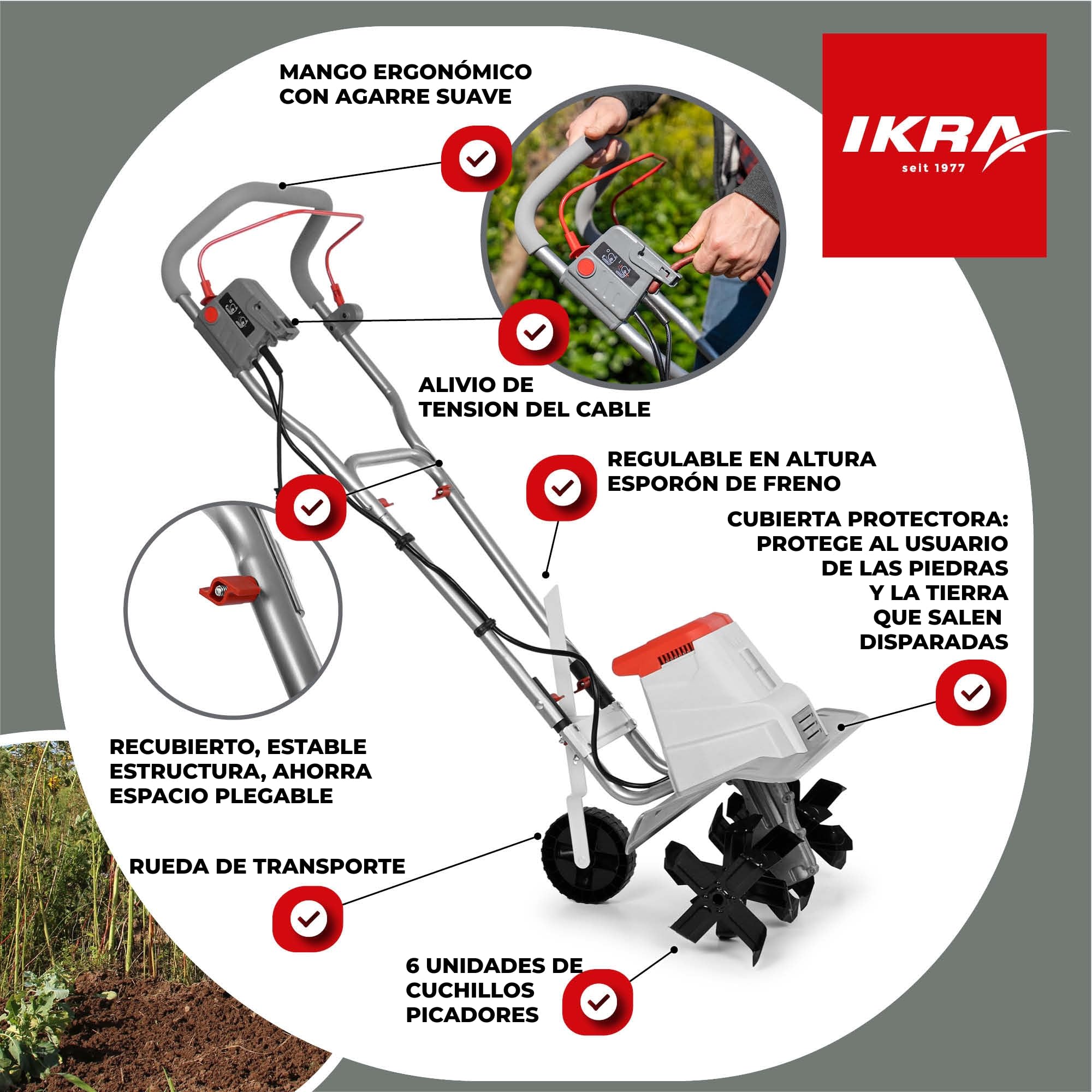IKRA motozada eléctrica IEM 1500, Anchura de Trabajo Flexible de 32 y 45 cm | 1500 W, profundidad de trabajo de 20 cm, espolón de profundidad, rueda de transporte, plegable, protección contra sobrecargas