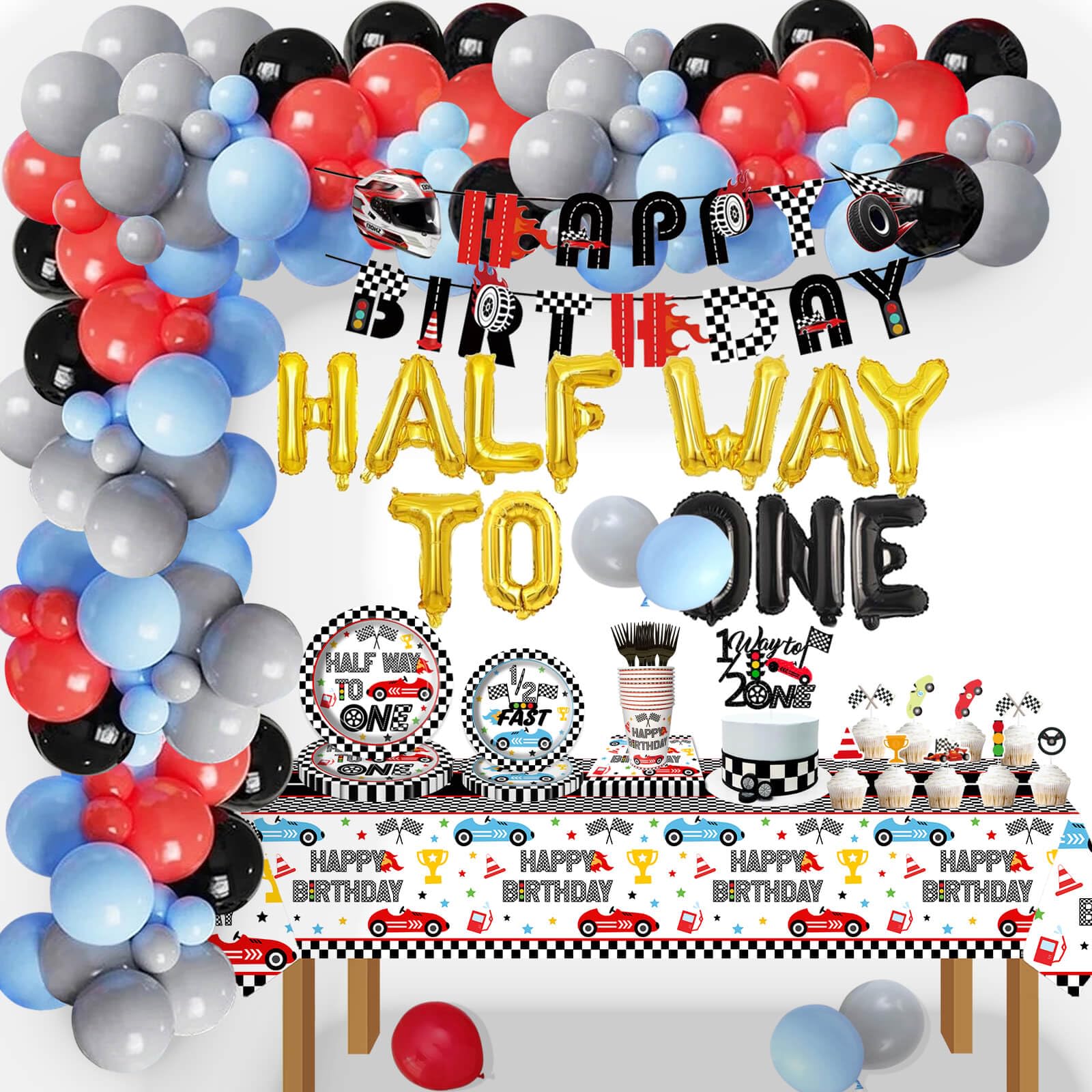 198 Pcs Race Car Half Way to First Birthday Party Supplies Decorations - Racing 1/2 Way to One Plates Cups Tablecover Cake Toppers Banner Balloons