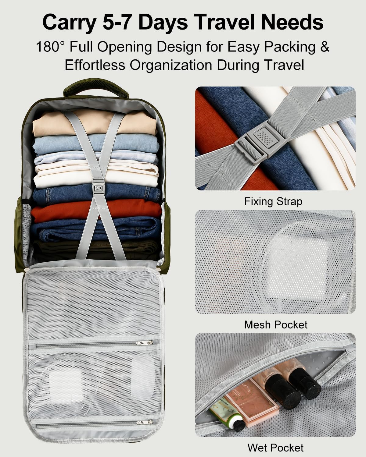 Travel Backpack for Women & Men, Large Carry On Personal Item Bag Airline Approved, Waterproof Traveling Overnight Bags, Gifts Laptop Backpack for Travelers College-Students Commuters (Green/Beige) - Image 4